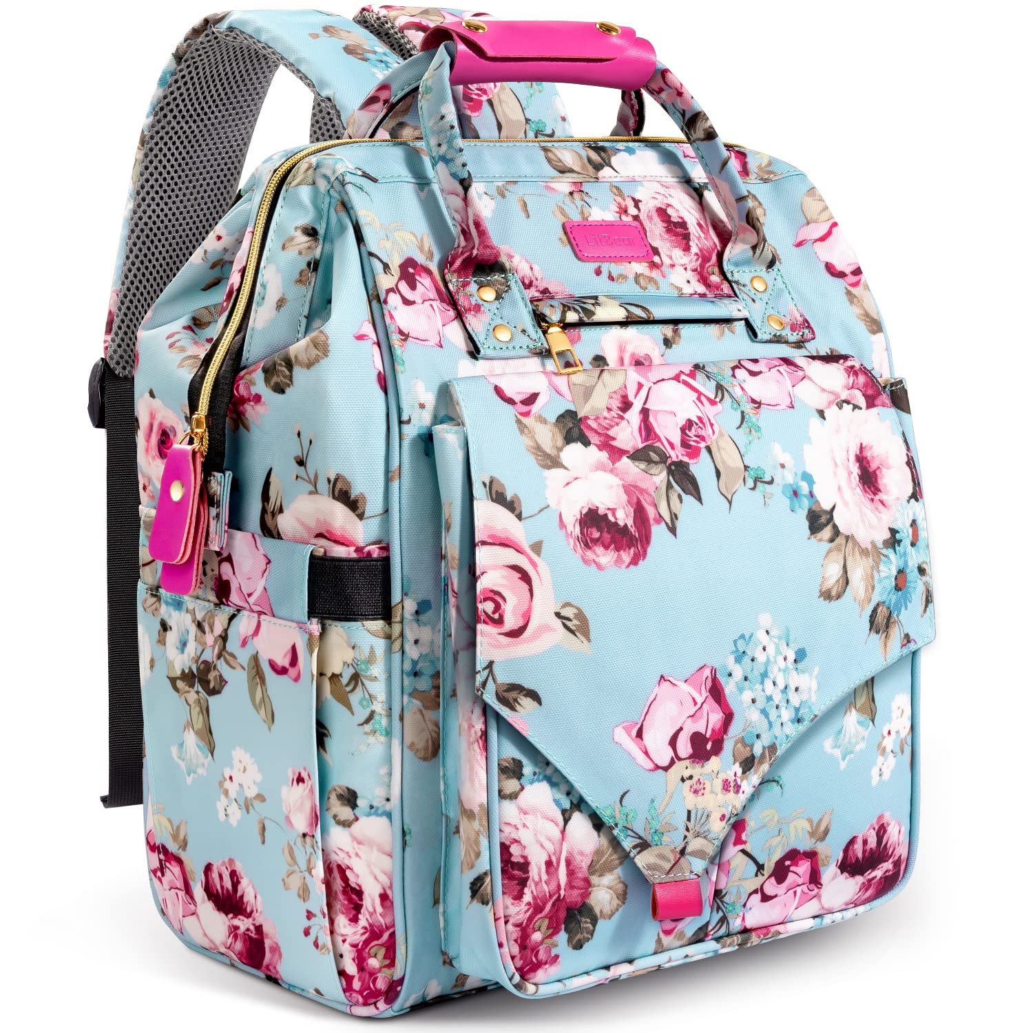 **LitBear Large Waterproof Diaper Backpack for Baby Girls - Insulated Multifunctional Travel Maternity Bag with Diaper Pad & Bottle Pockets, Floral Design (Rose Flower) - Perfect for Daycare, Travel & Outings**