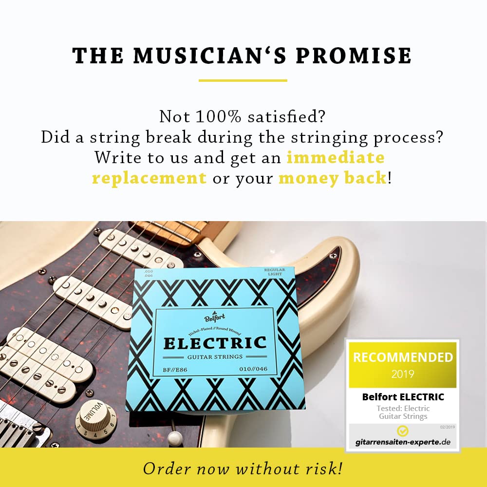 BELFORT® 10-46 Gauge Nickel Steel Electric Guitar Strings (6-String Set) with 4 Picks & Extra 1E String - Perfect for Rock, Blues & Live Performances - Guitar Accessories & Replacement Parts