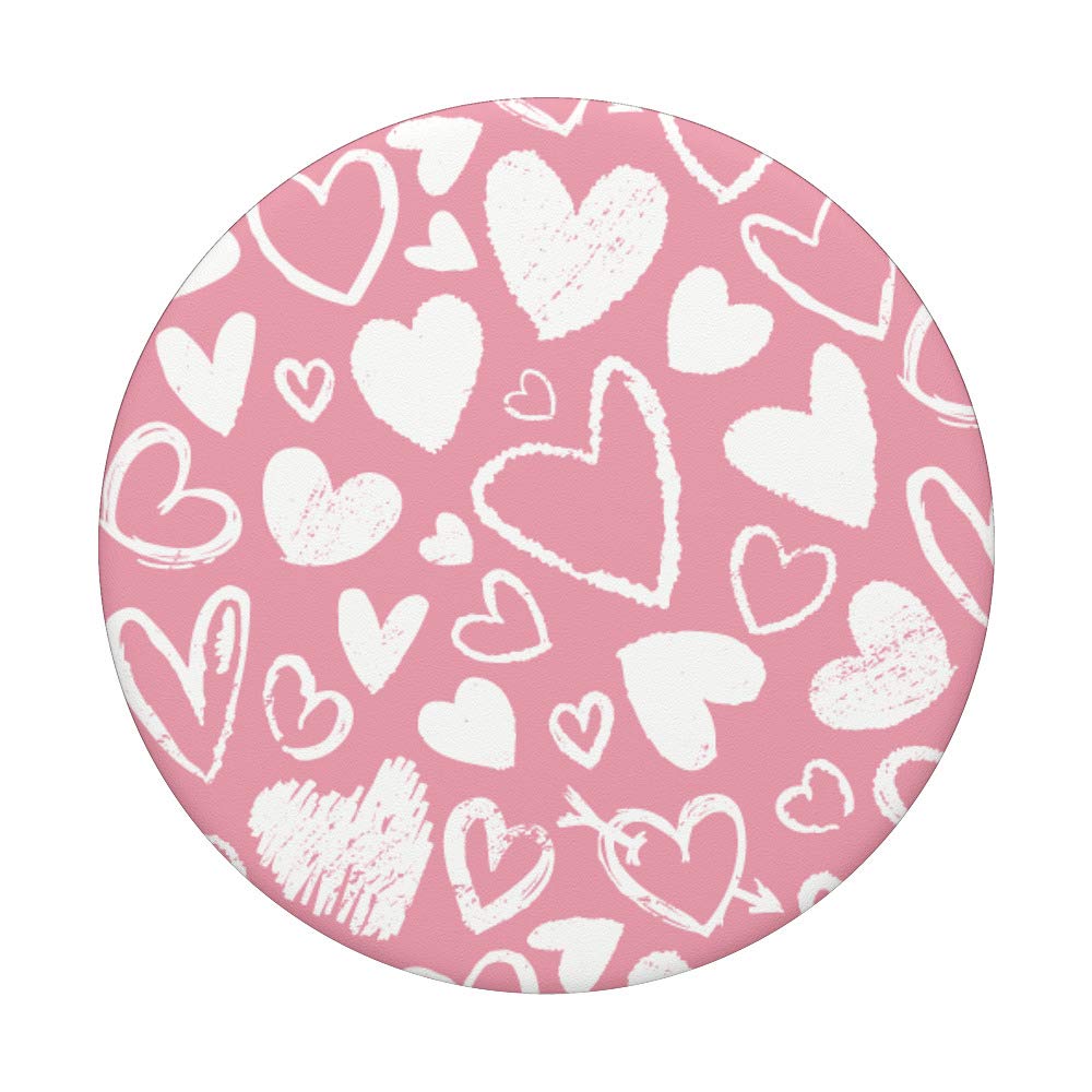 Cute Lovely Chalk Hearts On Pink Pattern Design PopSockets Swappable PopGrip - Phone Grip Stand for iPhone Samsung - Perfect for Valentine's Day Gifts, Everyday Use & Selfies