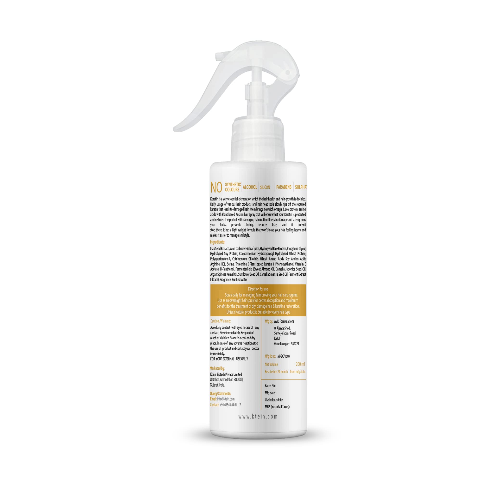 Ktein Natural Keratin Hair Spray 200ml - Repair & Smooth Damaged Hair - Sulfate & Paraben Free - For Frizz Control & Shine - Perfect for Daily Styling & Salon Results at Home