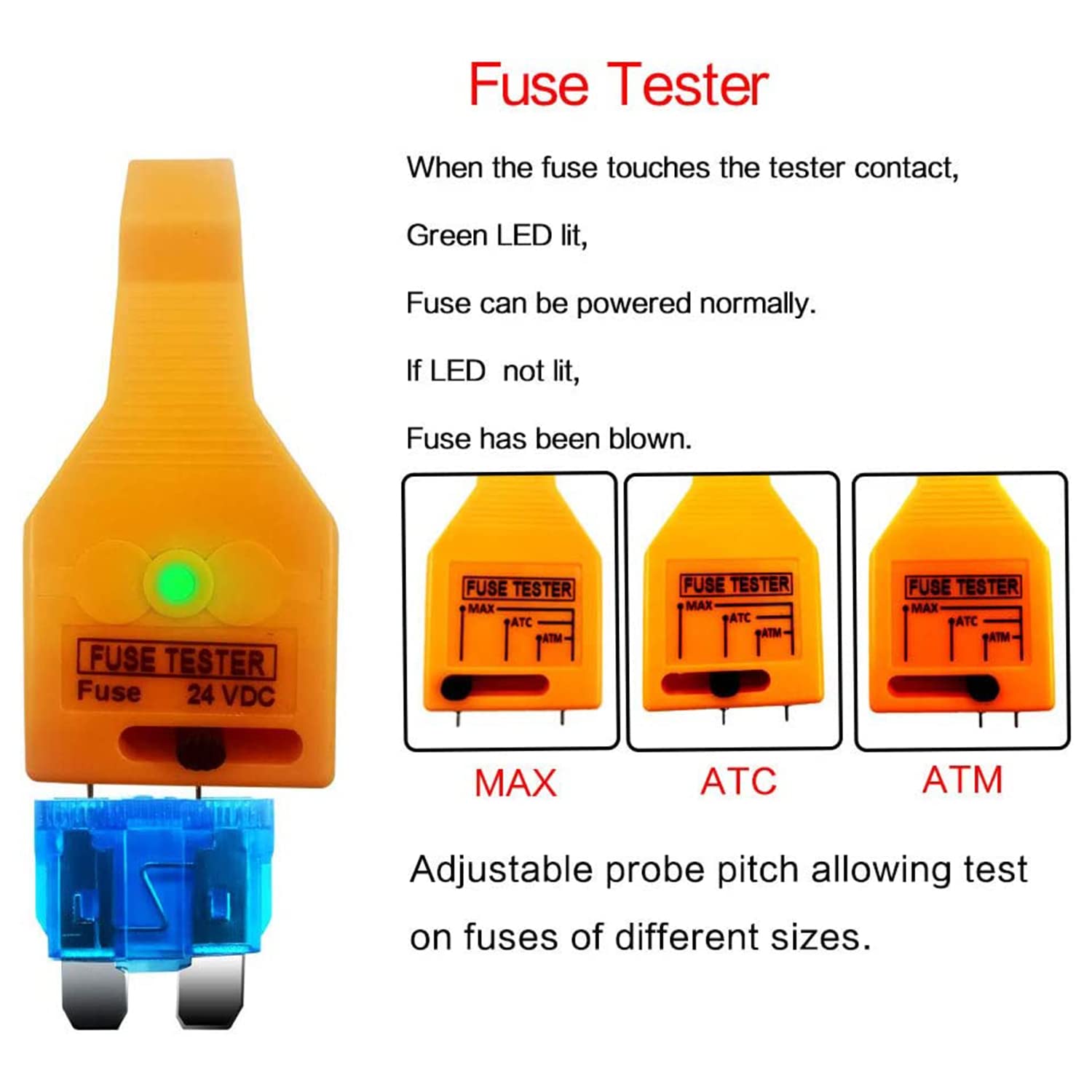 24V DC Automotive Fuse Tester & Puller Tool - Compatible with ATO/ATC/ATM Mini & Standard Blade Fuses & Glass Tube Fuses - Perfect for Car, Truck, Boat & RV Electrical System Maintenance