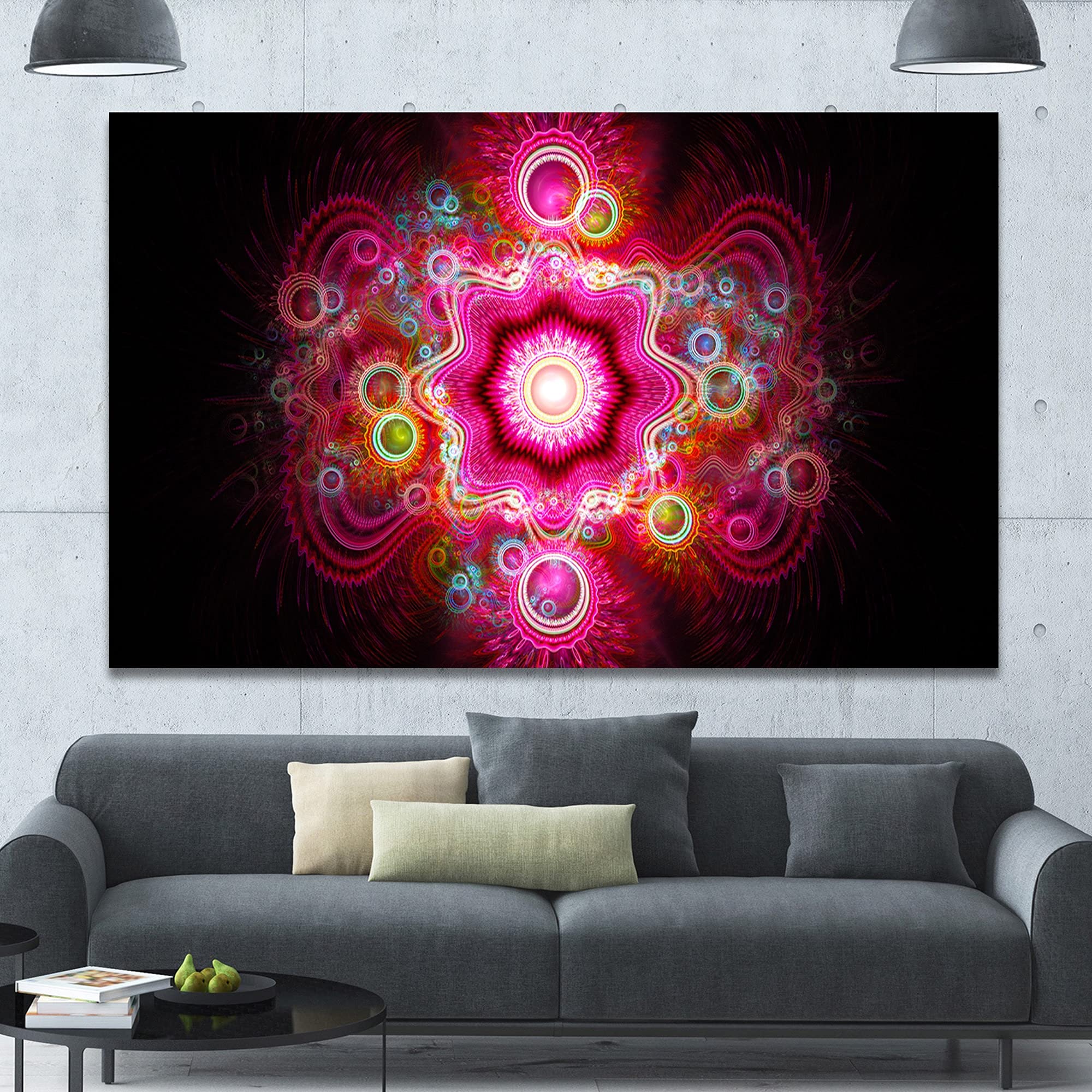 Abstract Wall Art Canvas - Bright Pink Fractal Flower Design by DESIGN ART | 20x12 Inches | Modern Home Decor for Living Room, Bedroom & Office
