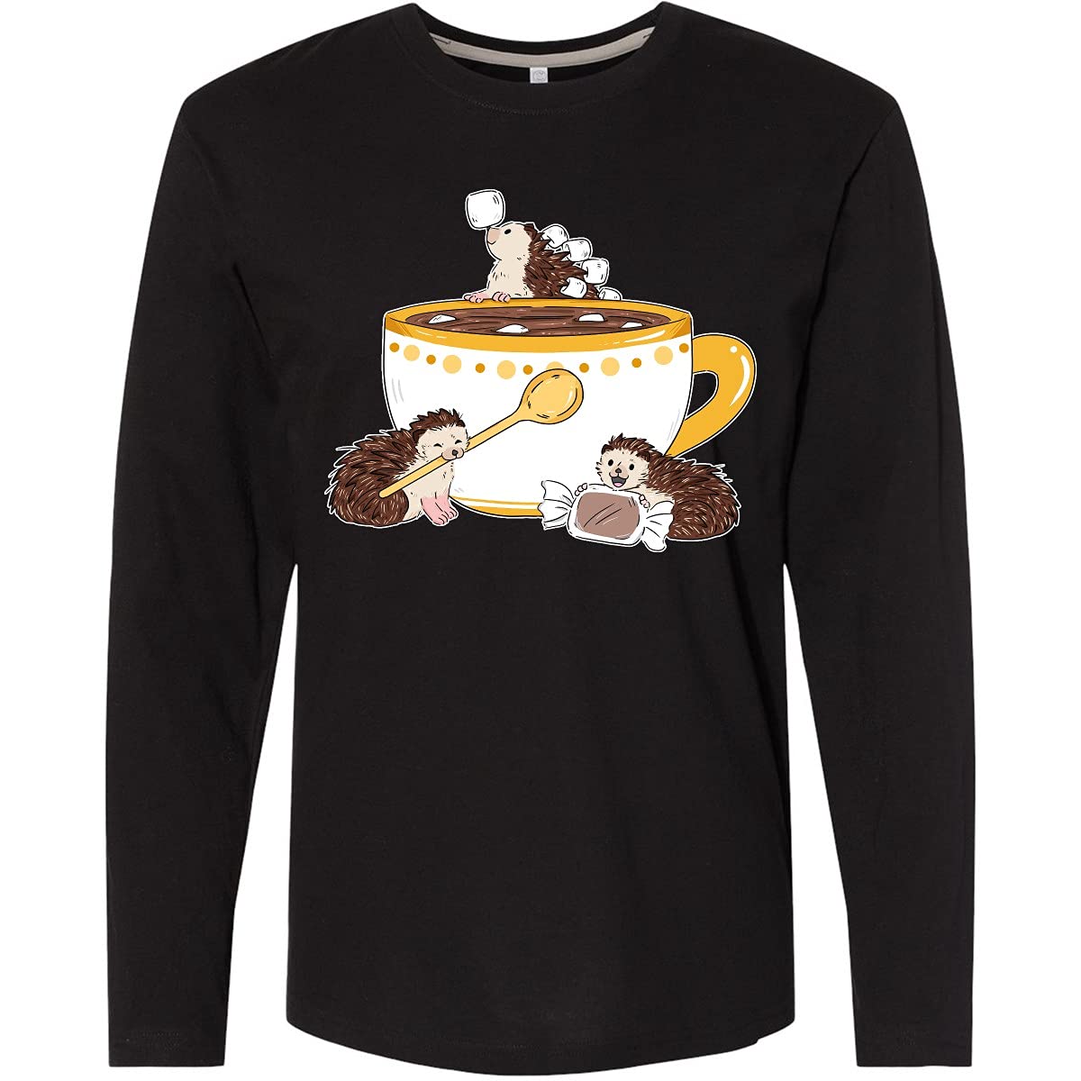 Inktastic Cute Hot Chocolate Hedgehogs Long Sleeve T-Shirt for Women - Cozy Winter Graphic Tee for Hedgehog Lovers, Christmas Gifts & Casual Outfits