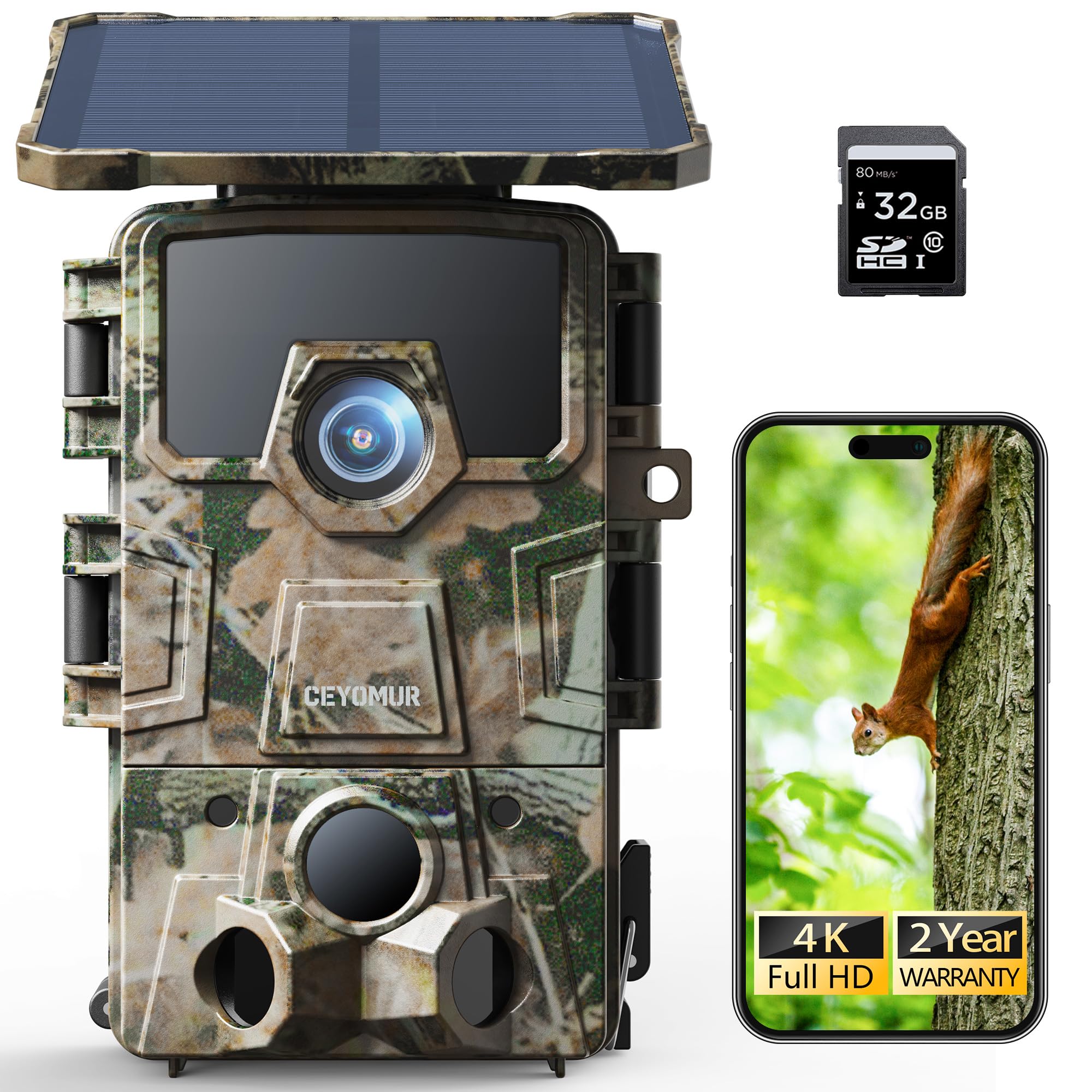 CEYOMUR 4K Solar Trail Camera - 60MP WiFi 6 Game Camera with Night Vision, 0.1s Trigger Motion Activated, 5200mAh Battery & 32GB SD Card - Perfect for Wildlife Monitoring, Hunting, and Outdoor Security Surveillance