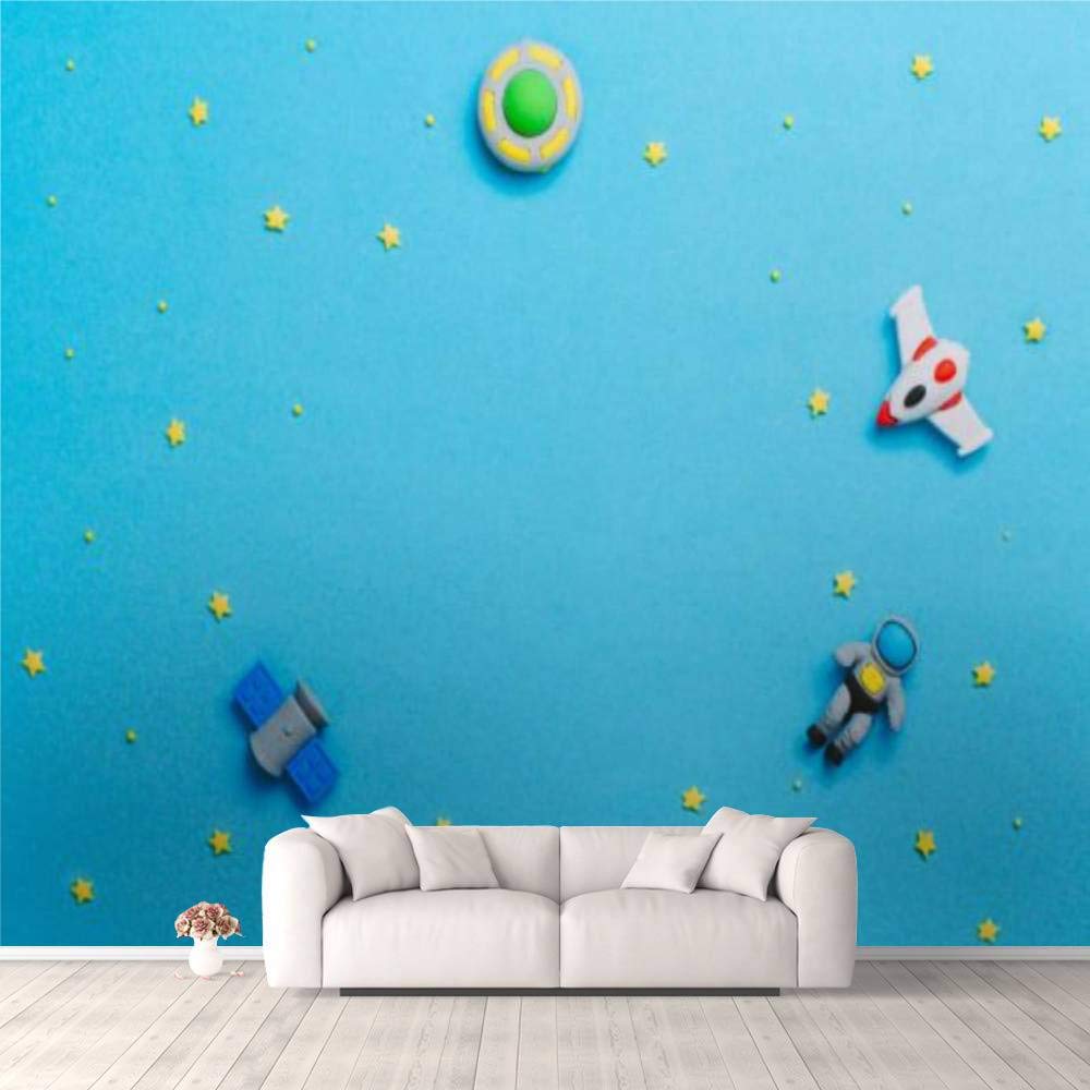 3D Wall Stickers - Spaceship, Rocket, Astronaut & UFO Toys on Blue Background | Self-Adhesive Peel & Stick Wallpaper for Bedroom, Living Room, Dorm Decor | Perfect for Kids' Room, Game Room & Space-Themed Parties