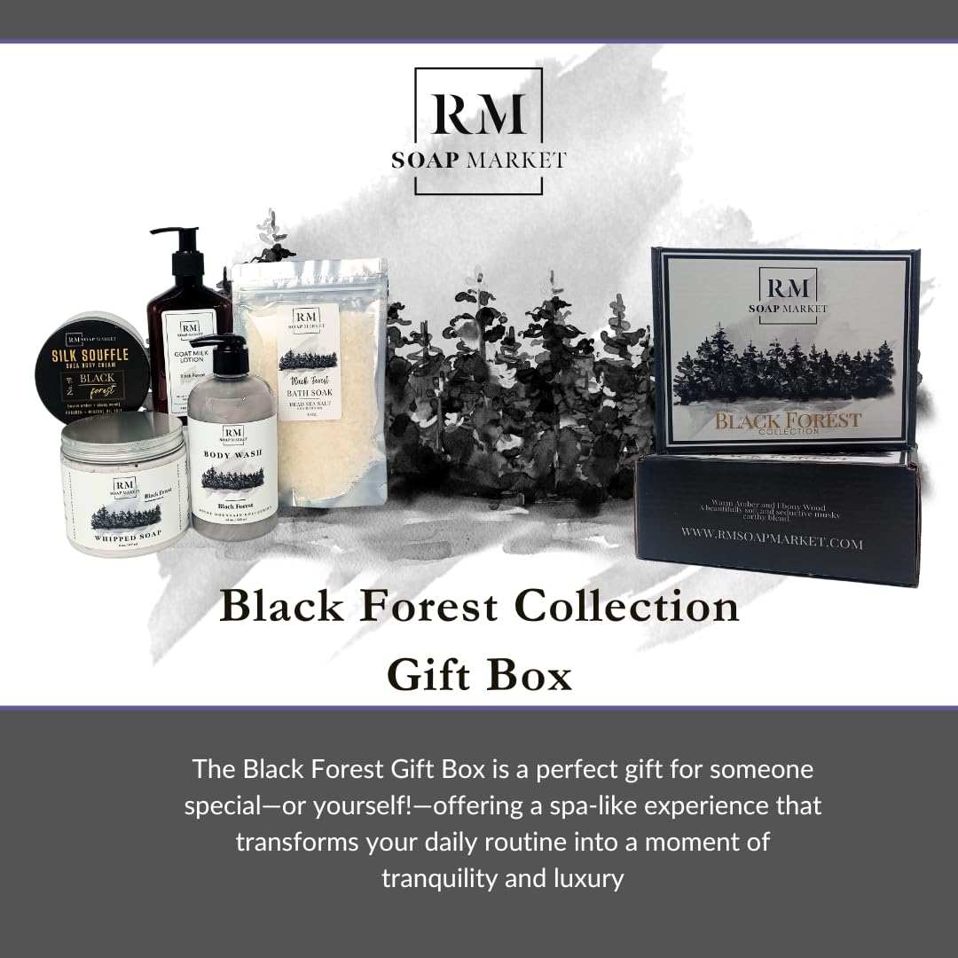 Black Forest Collection - Luxurious Bath & Body Gift Set for Men & Women | Includes Bath Oil, Whipped Soap, Blue Spruce Hand & Heel Scrub, Silk Soufflé | Amber Scented Self Care Kit for Spa Nights & Relaxation