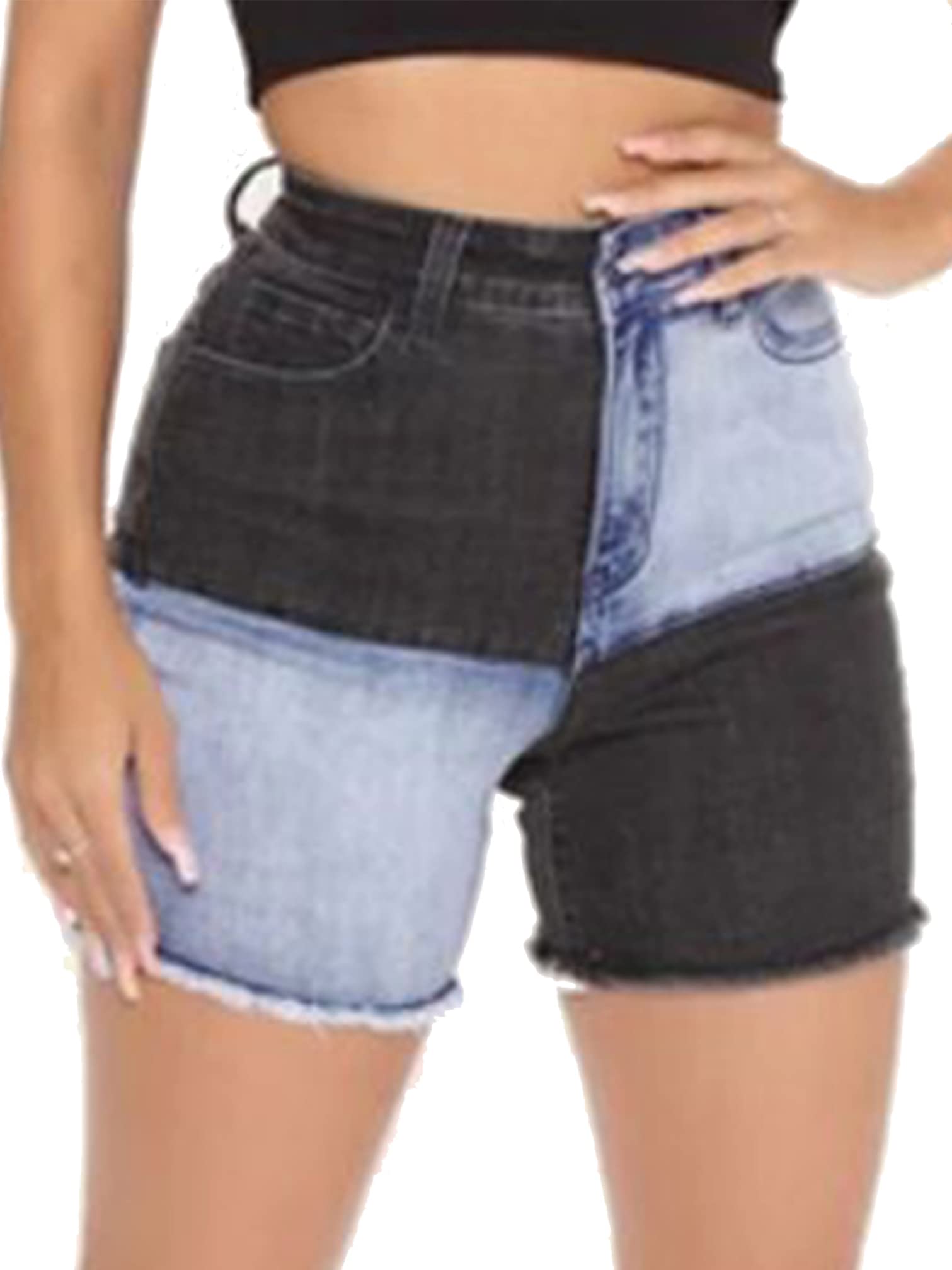 iiniim Women's High Waisted Stretchy Denim Shorts - Patchwork Raw Frayed Hem Distressed Jean Shorts for Summer Casual Outfits & Beach Vacations