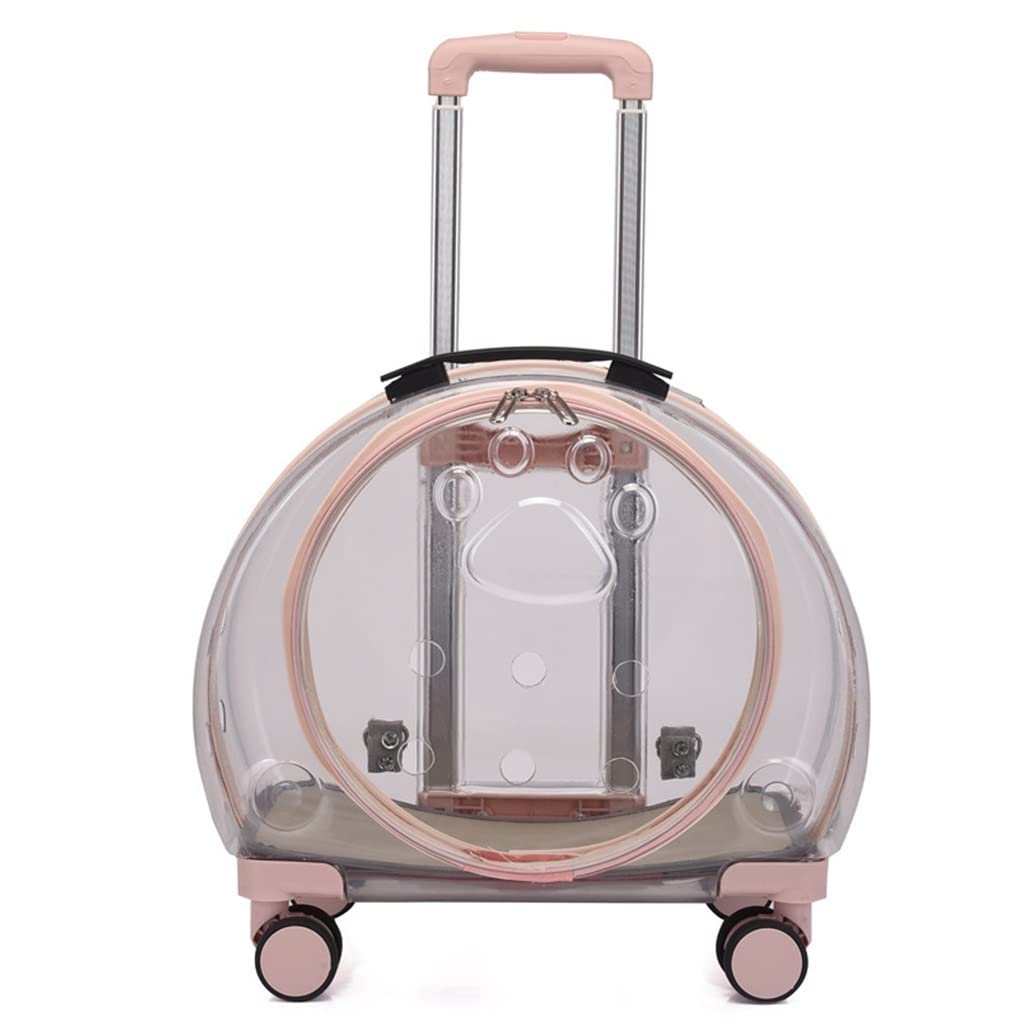 Breathable Dog Backpack Carrier with Wheels for Small Dogs & Cats - Transparent Pet Travel Pram Stroller, Large Space Multifunctional Transport Box (Pink) - Perfect for Travel, Hiking, Shopping & Vet Visits
