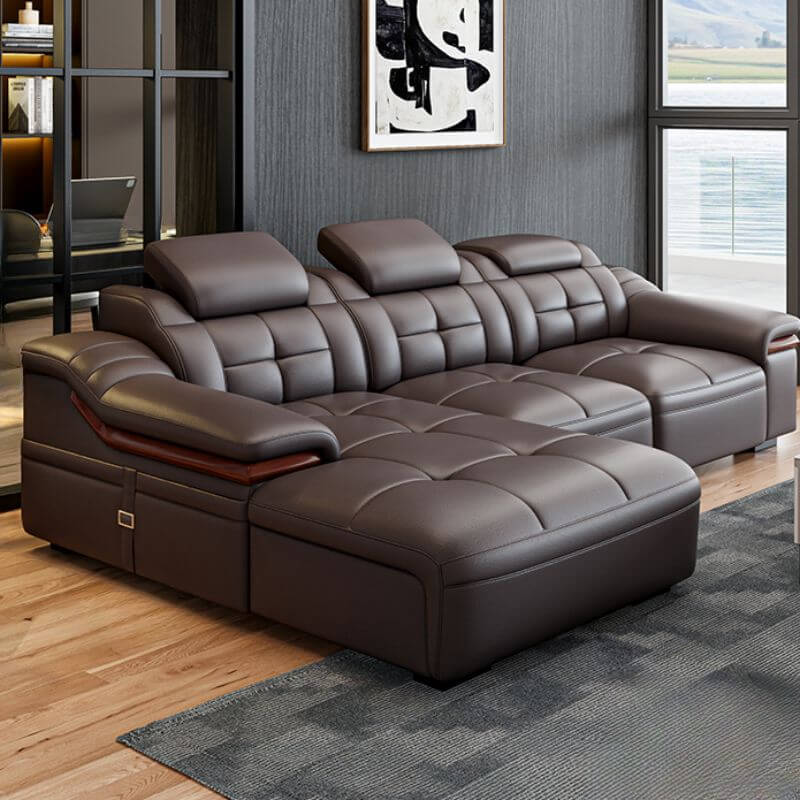 L-Shaped Faux Leather Sofa Chaise - Stain Resistant Sectional Couch with Square Arms (2-Piece/3-Piece Set, Left-Facing) - Perfect for Living Rooms, Home Theaters, and Modern Apartments