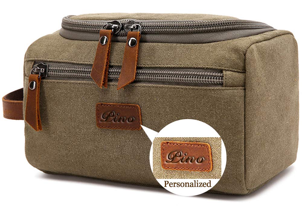 Premium Leather & Canvas Travel Toiletry Bag for Men & Women - Personalized Dopp Kit with Flip Cover, Shaving Organizer (Army Green) | Ideal for Business Trips, Camping & Gym Essentials