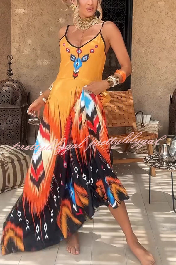 Stylish Printed V-Neck Maxi Dress with Suspenders - Perfect for Casual Outings, Beach Vacations & Summer Parties