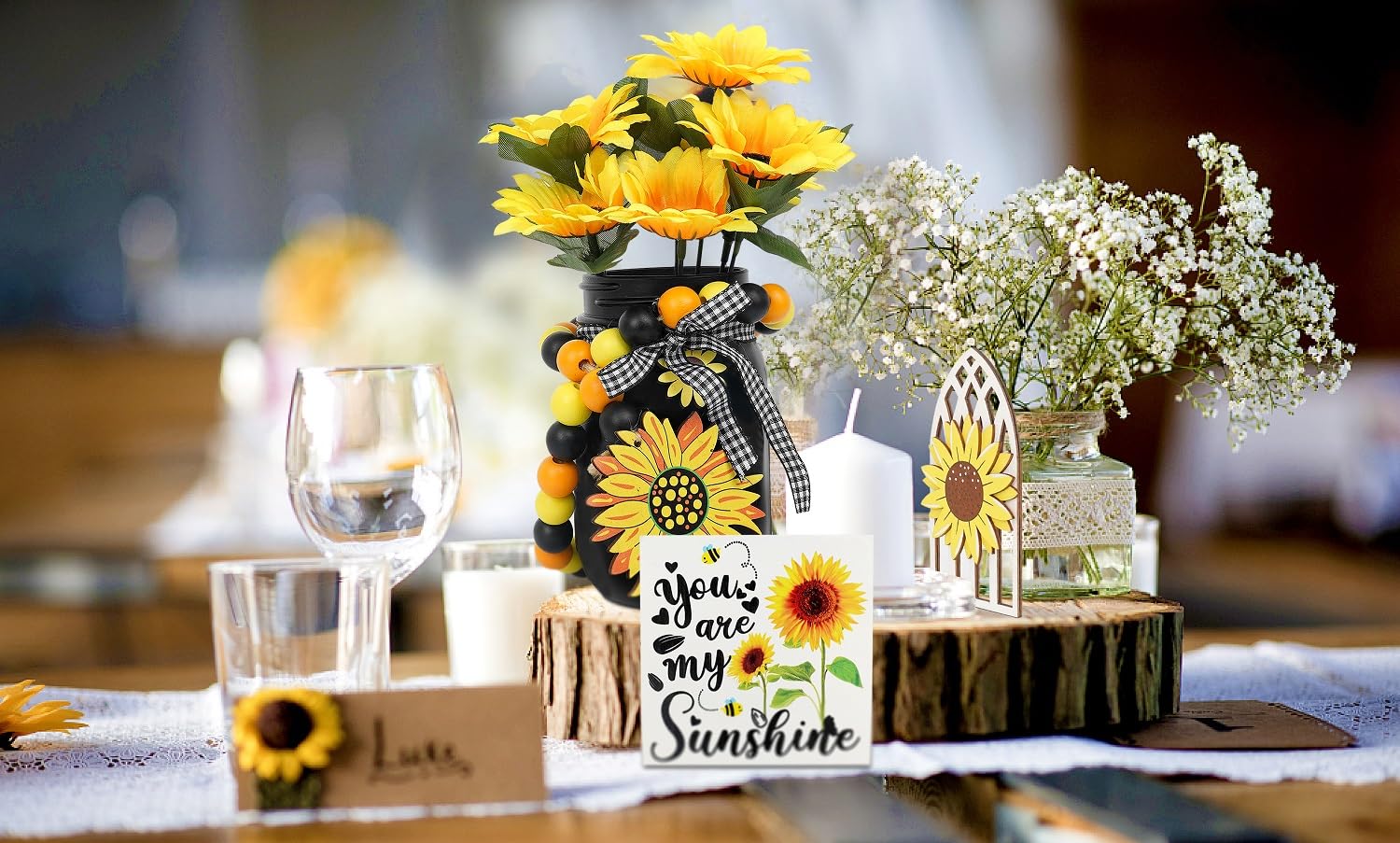 Sunflower Decor for Kitchen & Home - Rustic Farmhouse Mason Jar Centerpiece, Summer Tier Tray Decorations | Perfect for Farmhouse Style Kitchens, Dining Tables & Seasonal Home Decor