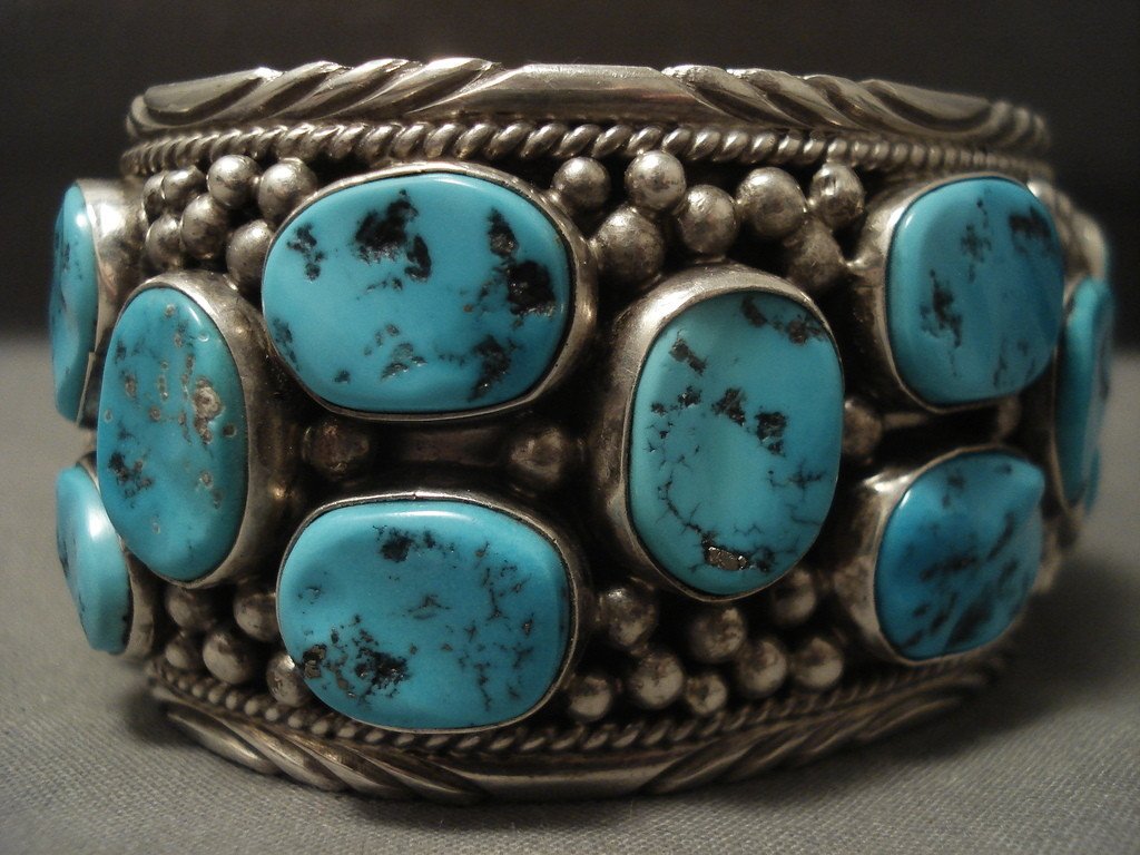 123 Gram Wide Natural Turquoise Vintage Navajo Native American Jewelry Sterling Silver Bracelet - Handmade Old Southwest Style for Boho Fashion & Tribal Accessories
