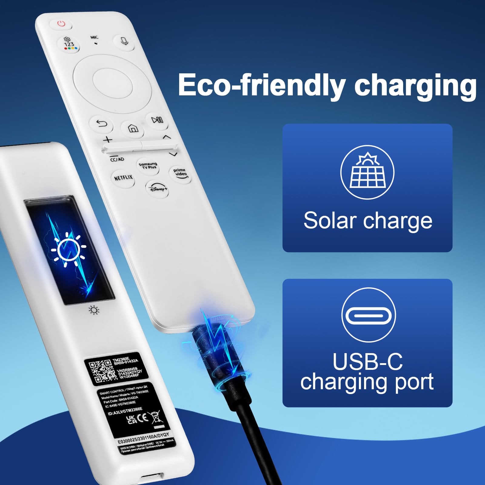 Original Samsung BN59-01432A Solar Voice Remote Replacement for Samsung Neo QLED 8K HDR Frame Smart TVs (2023 Models) - Rechargeable Solar Cell, White - Perfect for Home Entertainment & Smart TV Control