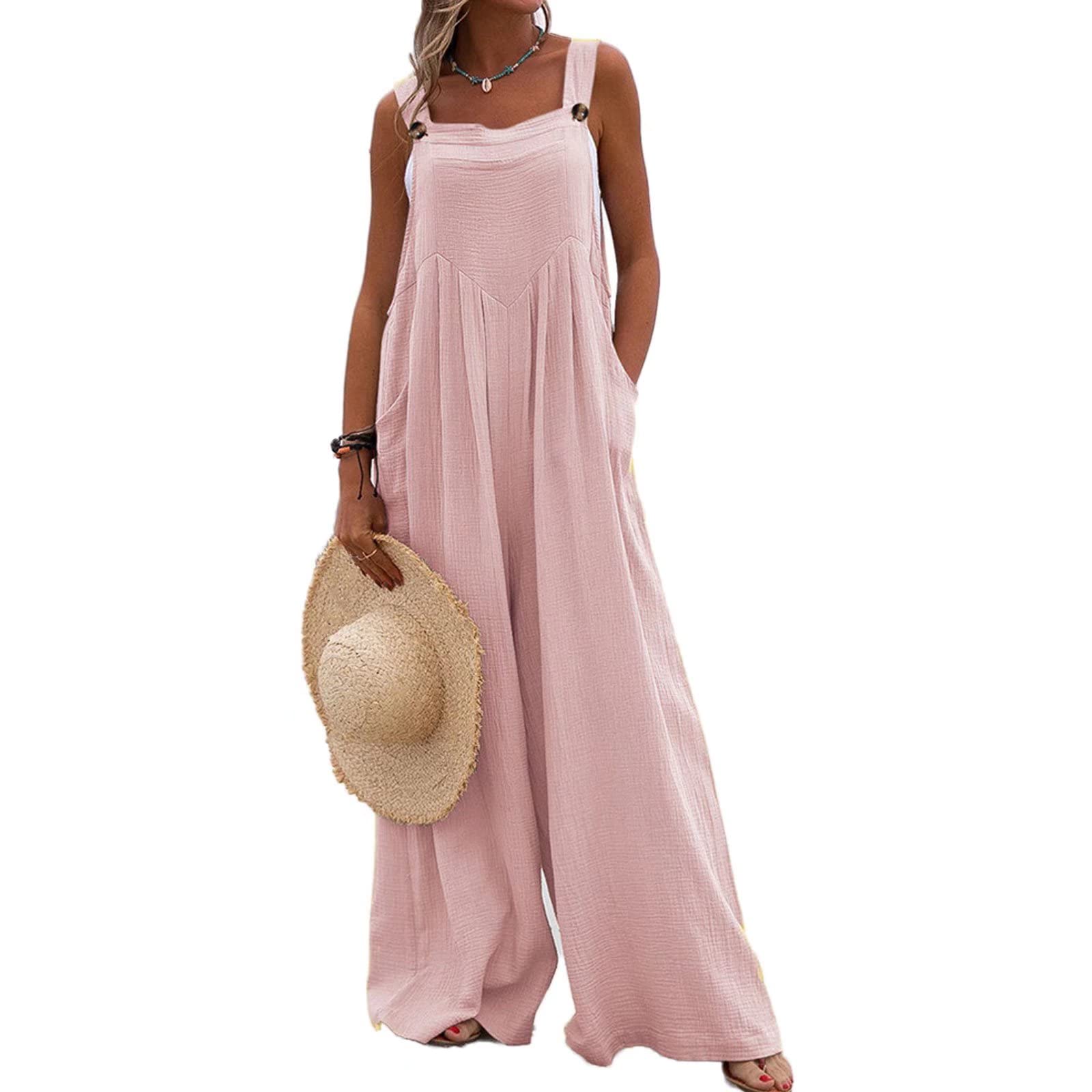 **JOKOO Women's Casual Wide Leg Overalls - Sleeveless Loose Jumpsuit with Pockets, Suspender Baggy Romper for Summer, Beach, Travel & Everyday Wear**