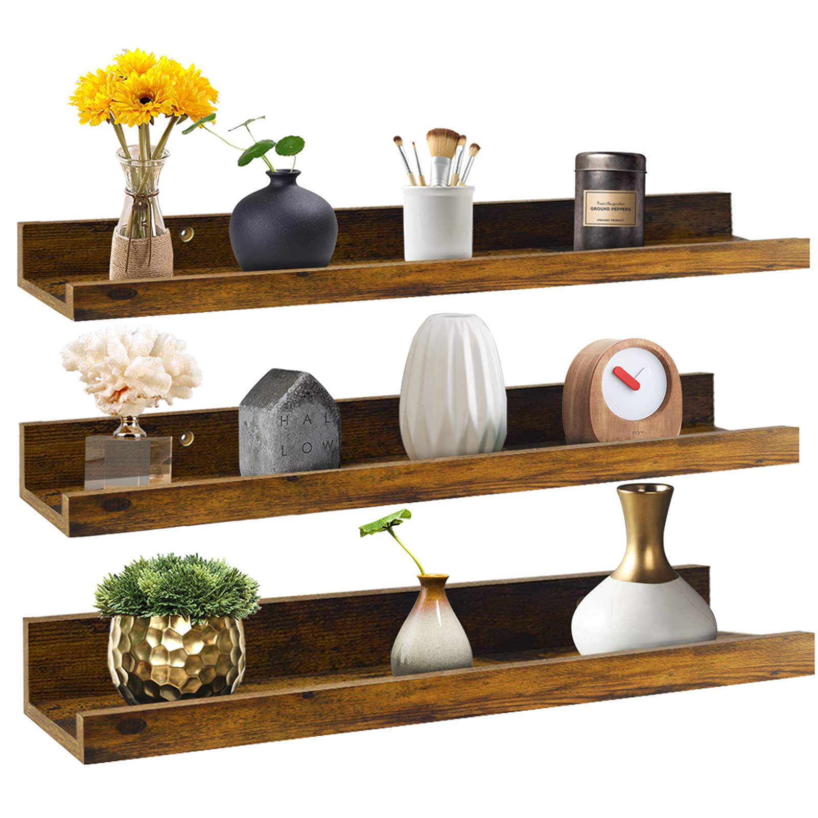 Giftgarden 24 Inch Floating Shelves Set of 3 - Rustic Wood Wall Mounted Shelves for Bedroom, Living Room, Bathroom & Kitchen Decor - 3 Different Sizes - Perfect for Displaying Photos, Books & Home Decor