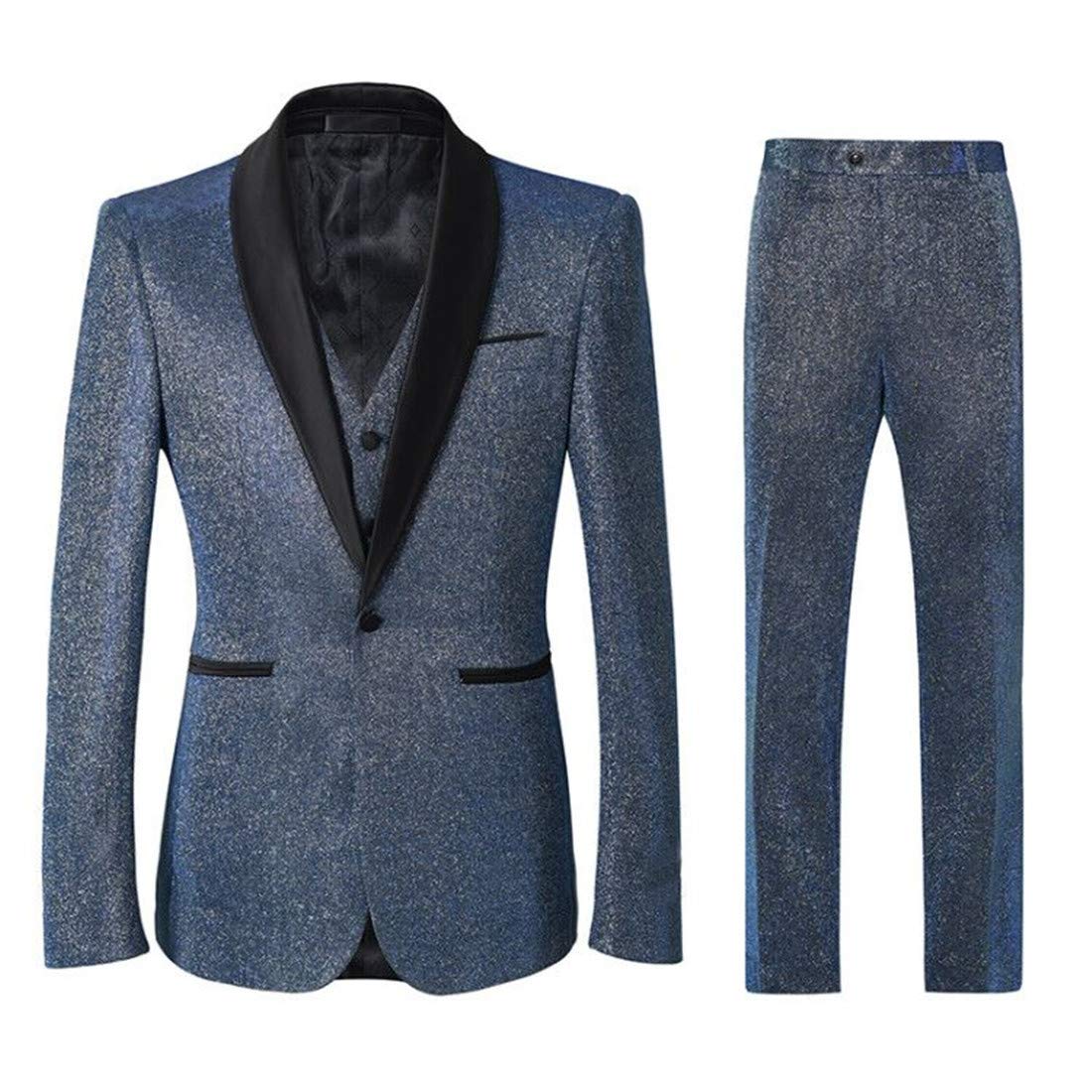 Men's Blue Slim Fit Shawl Lapel 3-Piece Suit Set with Blazer, Vest & Pants - Formal Tuxedo for Weddings, Prom & Business Events