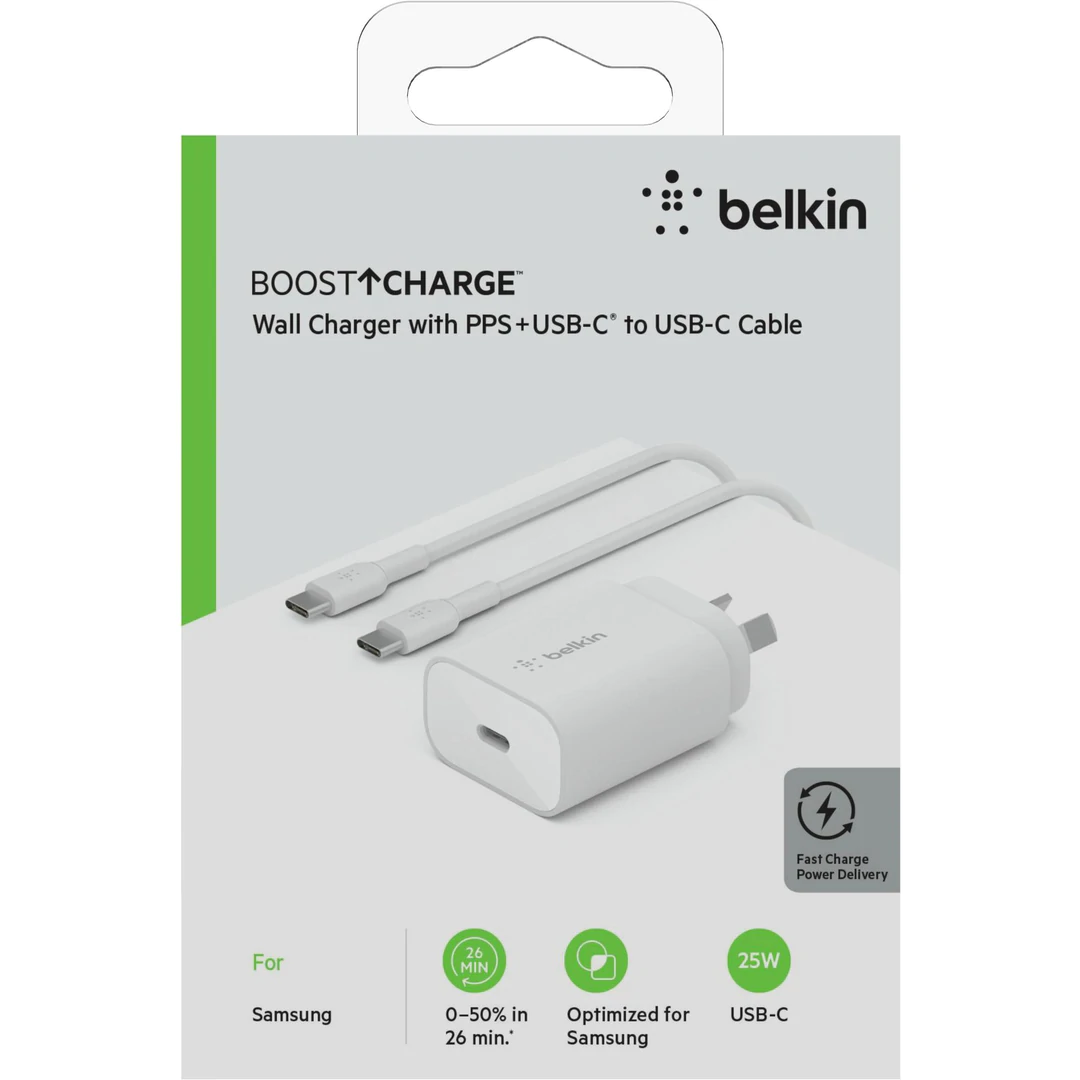 Belkin 25W PD PPS Fast Wall Charger with 1M USB-C to USB-C Cable - White | Compatible with iPhone 15, Samsung Galaxy, iPad & More | Perfect for Home, Office & Travel Charging