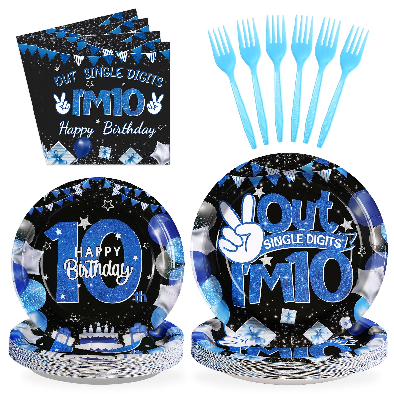96 Pcs Blue and Black 10th Birthday Party Supplies Set - 350 GSM Disposable Plates, Napkins & Tableware for Boys | I'm 10 Single Digit Theme Decor | Serves 24 Guests - Perfect for Kids Birthday Parties, Decoration & Celebration Events