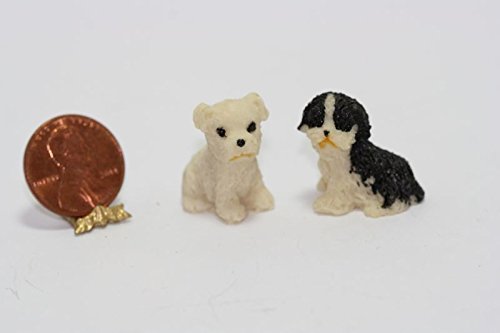 1:12 Scale Dollhouse Miniature White & Black Puppy Dogs - Realistic Small Pet Figures for Dollhouse, Diorama, Room Decor, and Collectors (Set of 1) - Perfect for Miniature Scenes, Fairy Gardens & Model Displays
