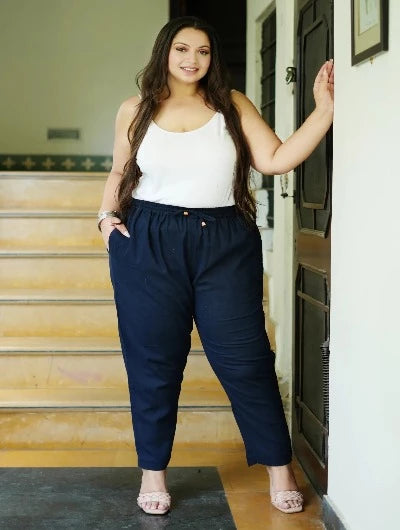Plus Size Women's Blue Cotton Trousers - Comfortable Stretch Pants for Work, Office & Casual Wear | High Waisted Wide Leg Pants for Curvy Women