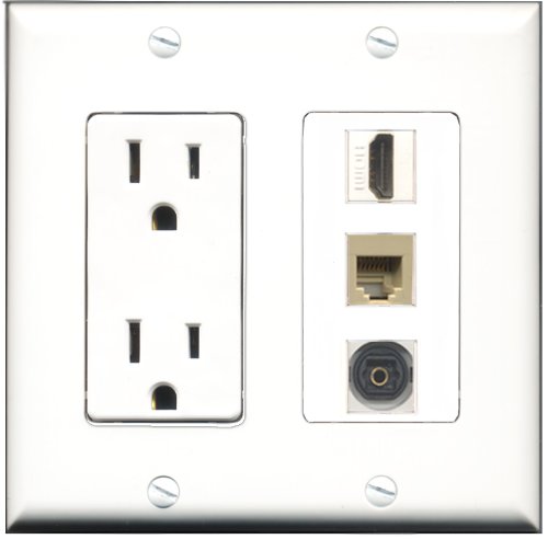 RiteAV 15 Amp Power Outlet with HDMI, Phone & Toslink Ports - Beige Decorative Wall Plate for Home Theater & Smart Home Setup