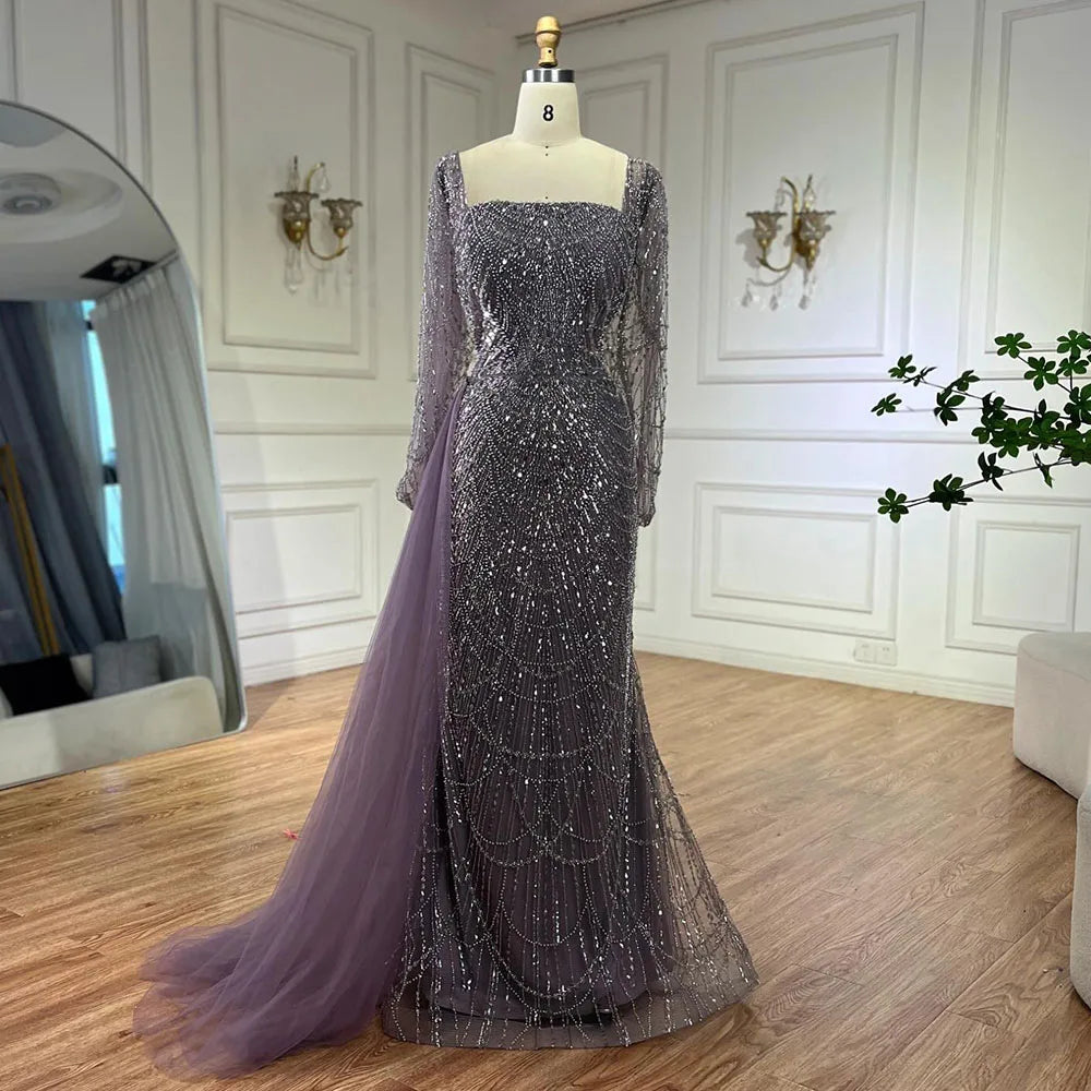 Elegant Arabic Purple Mermaid Evening Gown with Beaded Details & Tulle Overskirt for Women | Wedding, Prom, Gala & Formal Party Dresses 2025 | LA72032F | Perfect for Bridesmaid, Cocktail Party & Special Occasions