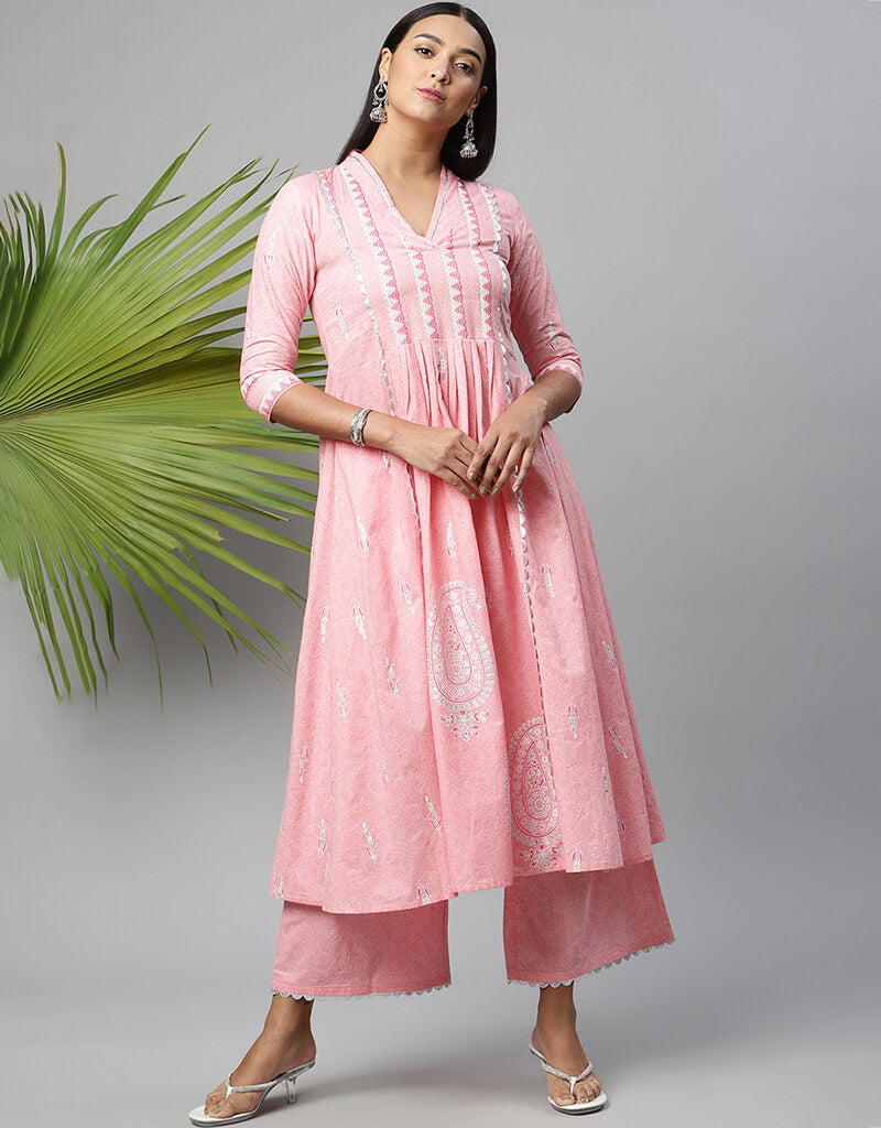 Stylish Baby Pink Pure Cotton Salwar Suit with Palazzo - Perfect for Weddings, Festivals & Special Occasions