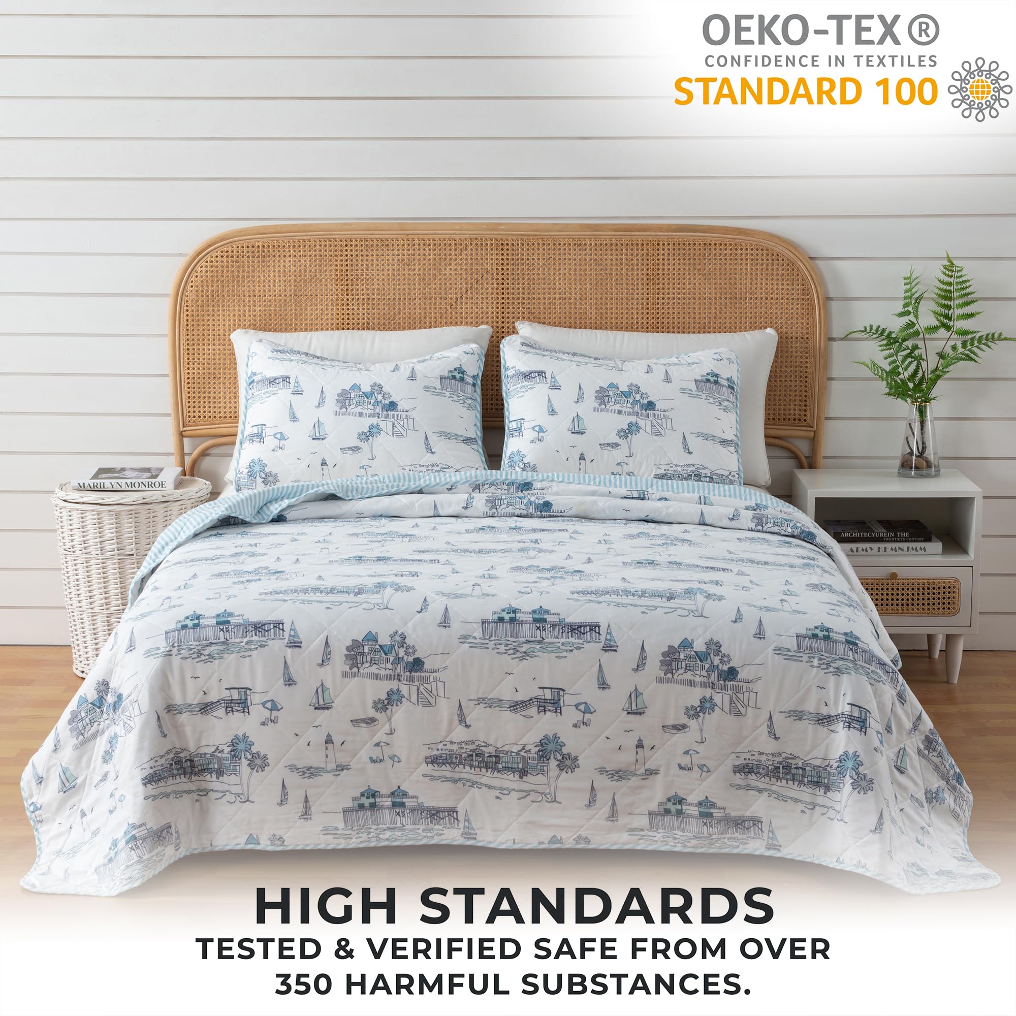 King Coastal Quilt Bedding Set - Lightweight Reversible Nautical Quilted Coverlet with Shams | 3-Piece All Season Beach Bedspread | Cape Elizabeth Collection in Blue | Perfect for Summer Bedroom Decor, Guest Rooms & Coastal-Themed Homes