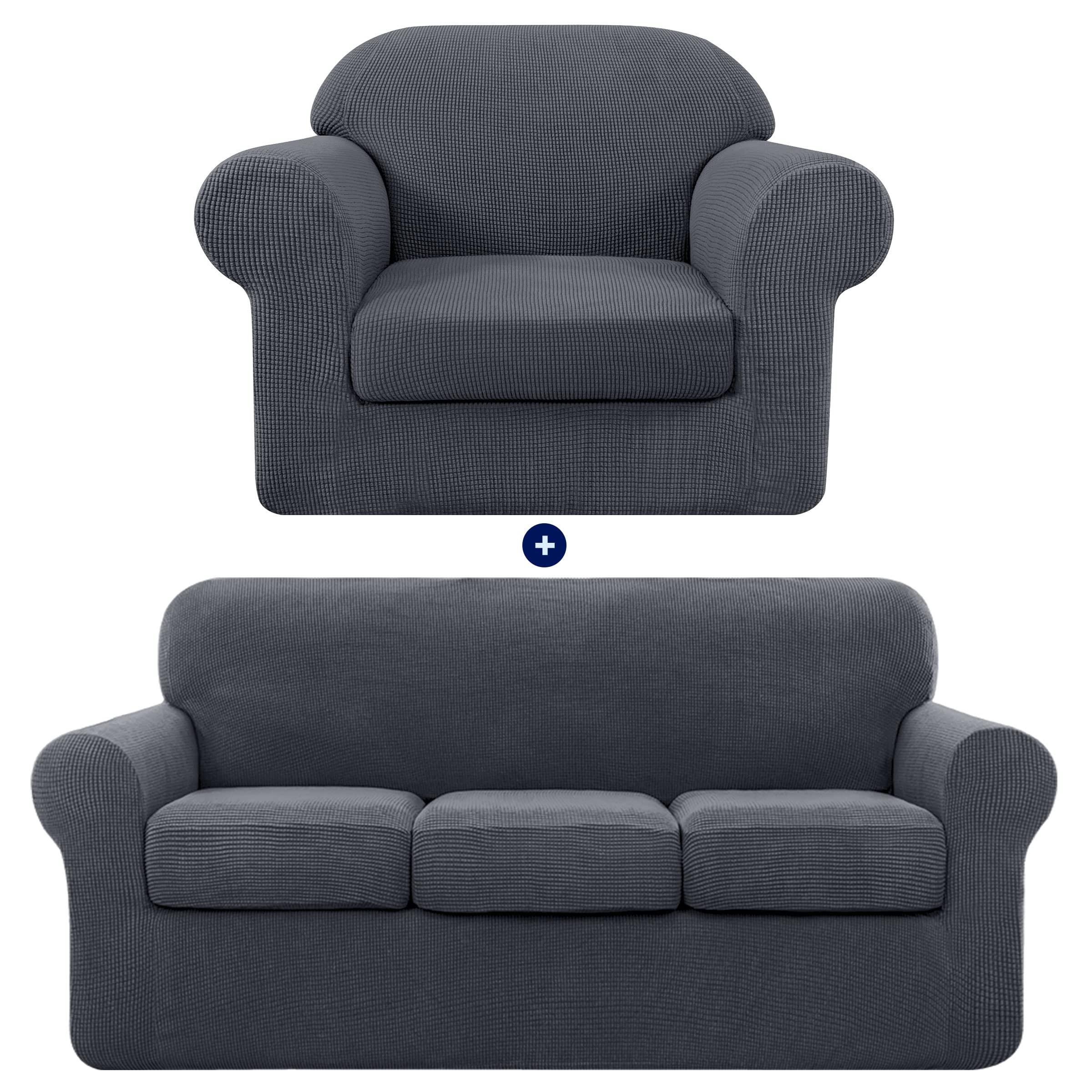 SUBRTEX Stretch Sofa Slipcover with Separate Cushion Covers - 1-Seater & 3-Seater Couch Protector for Pets & Kids (Small/Large, Gray) - Durable Furniture Cover for Living Room, Bedroom & Home Decor