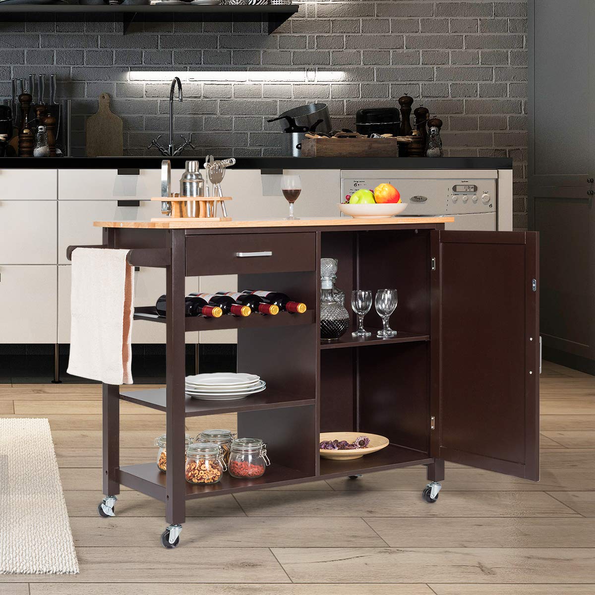 Giantex Kitchen Island Cart with Drawer & Storage Cabinet - Rolling Serving Cart with 4 Wine Bottle Rack, Towel Rack & Lockable Wheels - Wooden Trolley for Kitchen, Dining Room & Bar (Brown)