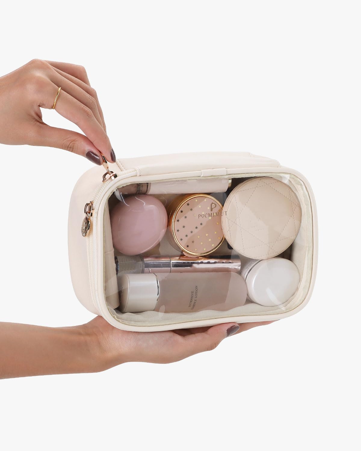 Pocmimut Small Clear Makeup Bag for Women - Travel Cosmetic Organizer & Car Accessories Storage | Perfect for Travel Essentials, Daily Use & On-the-Go Beauty Storage (Beige)