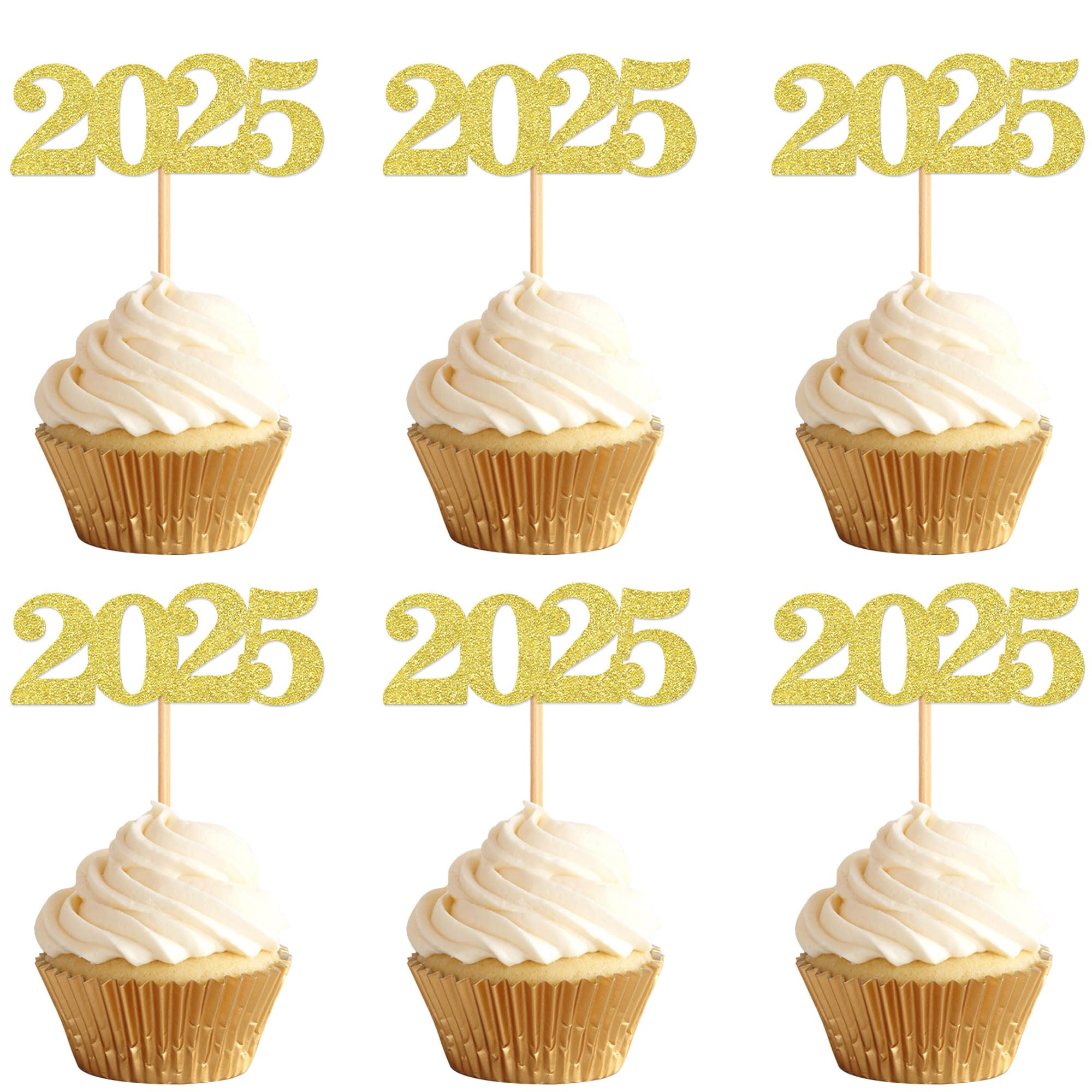 40 Pcs Gold Glitter New Year Cupcake Toppers 2025 - Cheers to 2025 Cake Picks for New Year's Eve Party Decorations - Perfect for Birthday, Wedding & Holiday Celebrations