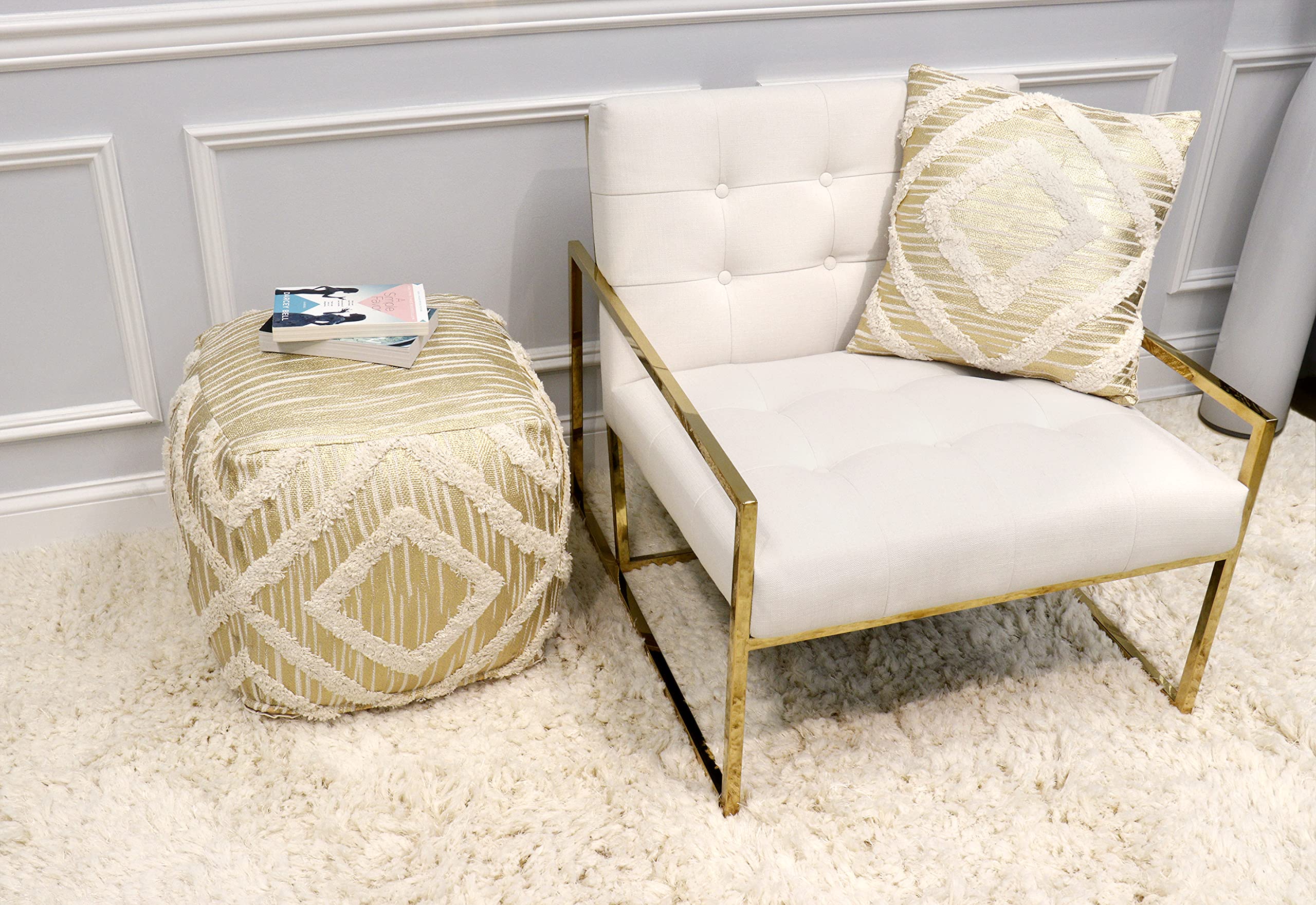 Pasargad Home Grand Canyon Cotton Pouf Ottoman - Ivory White Boho Floor Cushion for Living Room, Bedroom & Nursery - Cozy Seating & Footrest for Home Decor