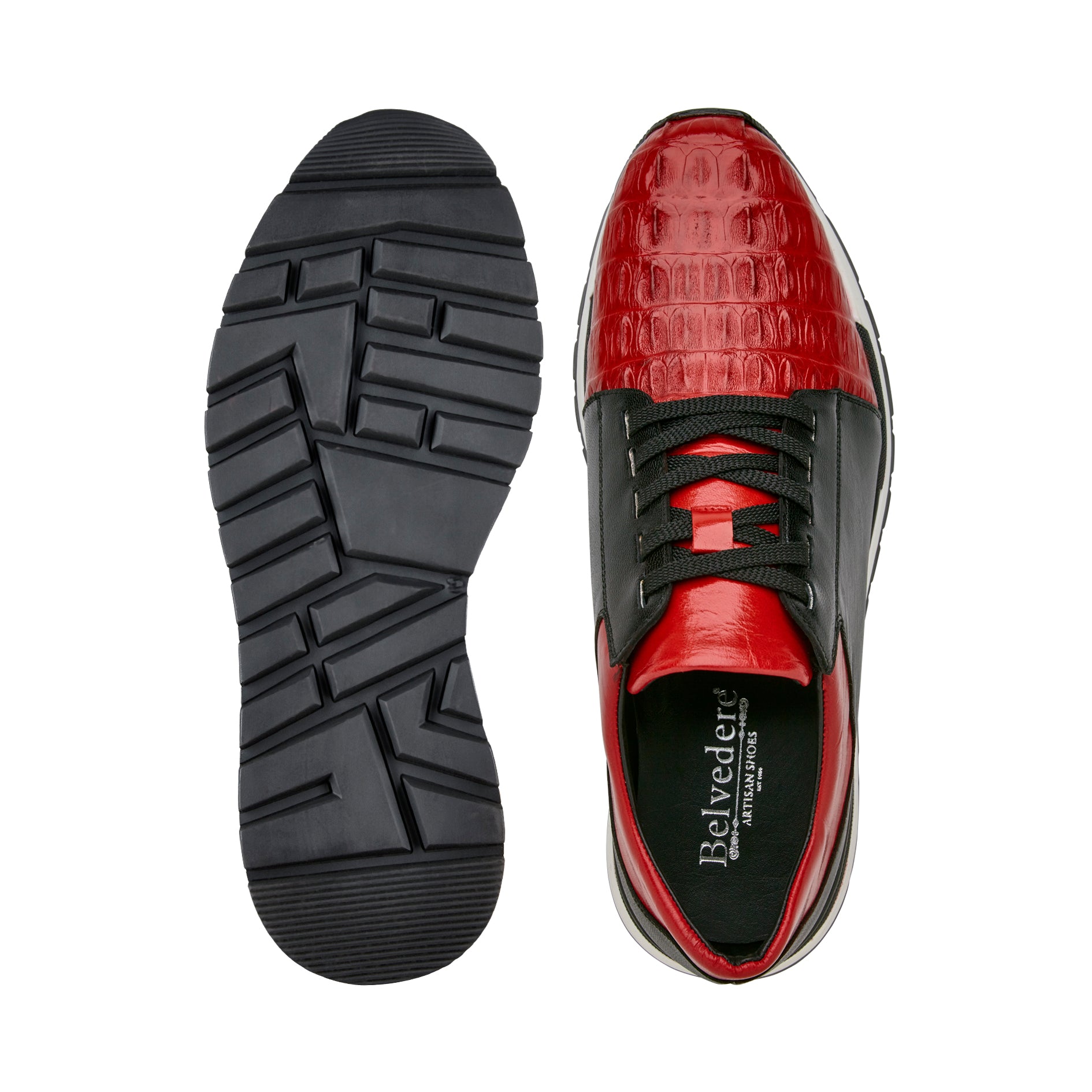 Belvedere Titan Genuine Caiman Crocodile & Italian Calf Leather Sneakers - Red/Black 33631 | Luxury Men's Dress Shoes for Business & Formal Occasions