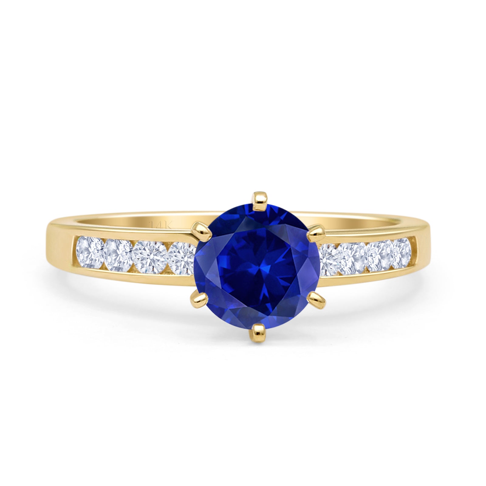 14K Yellow Gold Round Blue Sapphire & CZ Cathedral Engagement Ring for Women - Elegant Wedding, Promise, Anniversary Jewelry Gift