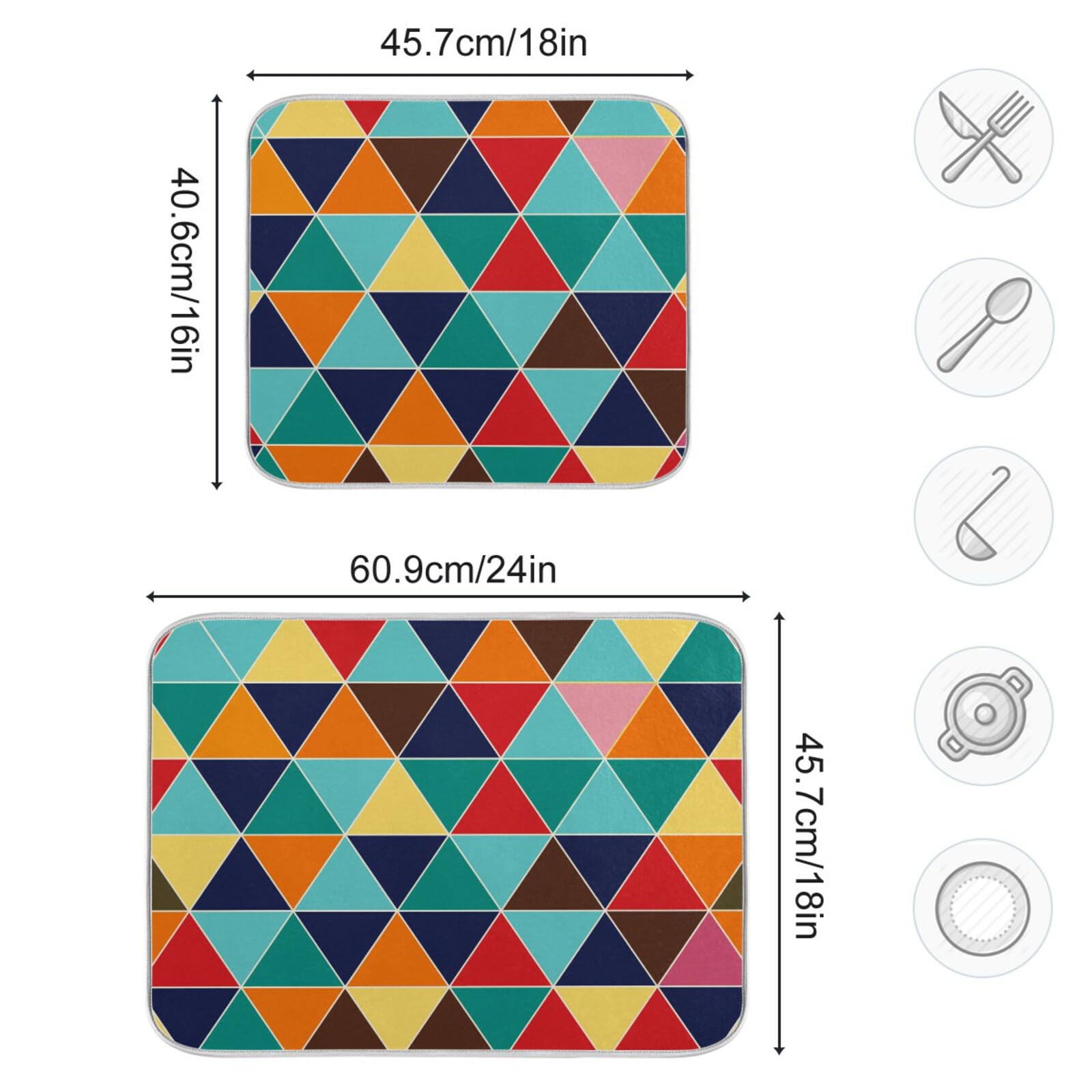 Colorful Geometric Dish Drying Mat - Absorbent Microfiber Kitchen Countertop Drying Pad (16x18 Inches) | Non-Slip, Washable Dish Rack Mat for Plates, Cups & Utensils | Perfect for Kitchen Counter, Sink Side & Dish Drainer Organization