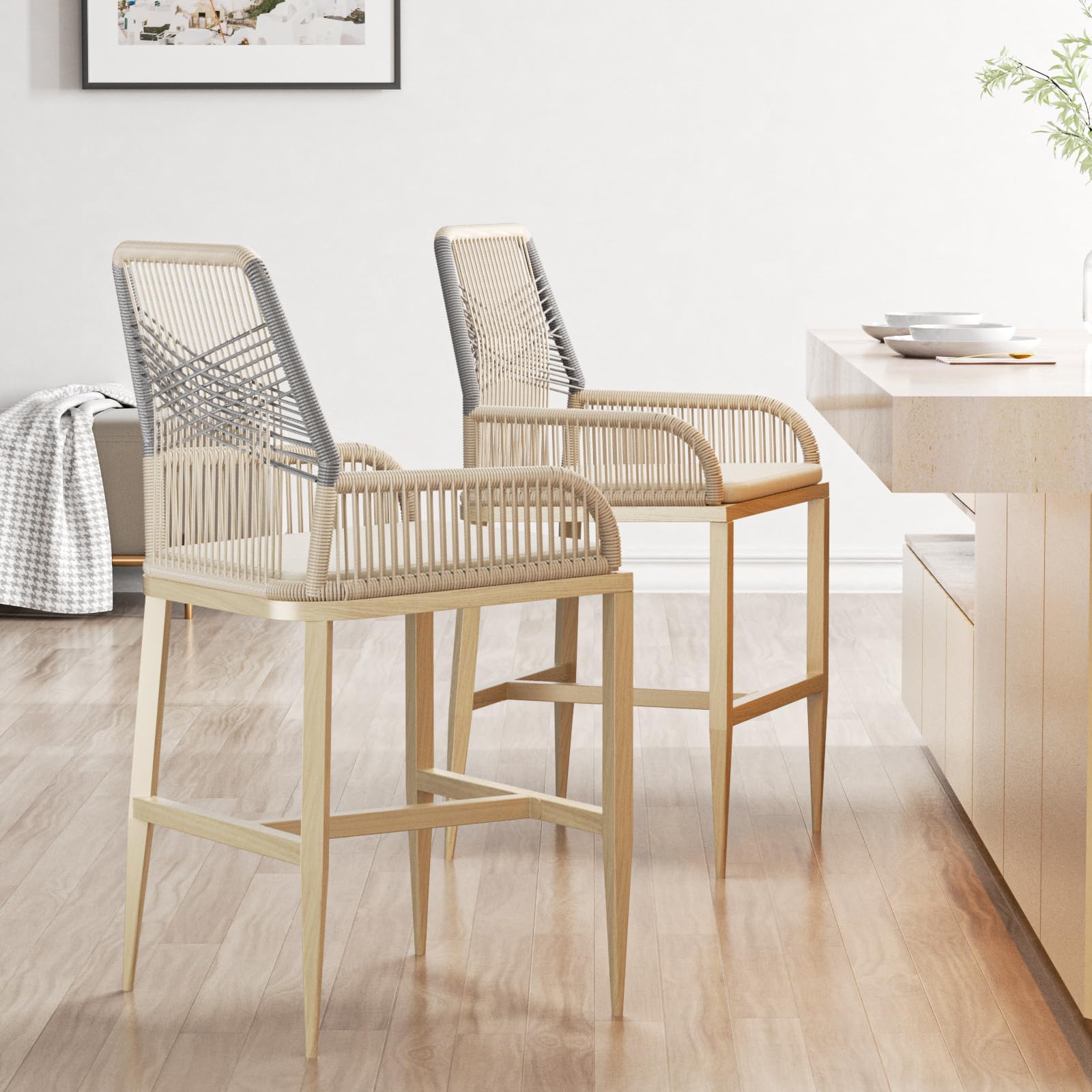 Modern Rattan Wicker Bar Stools Set of 2 - Counter Height Barstools with Backrest & Cushion, Grey - Perfect for Kitchen Island, Patio, Balcony, Poolside & Outdoor Dining Areas