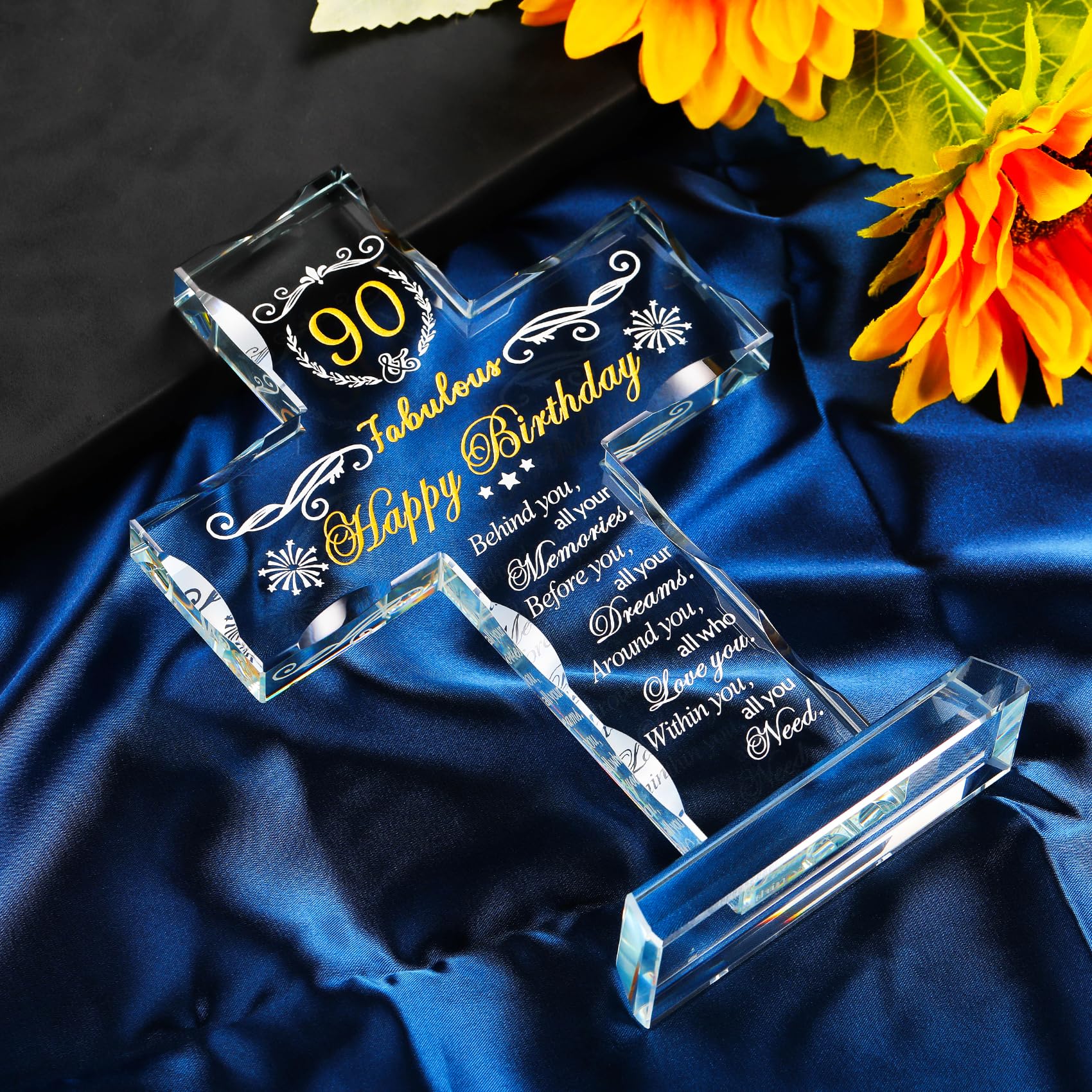 90th Birthday Religious Gifts for Women & Men - Elegant Glass Stand Cross with '90 & Fabulous' Blessing - Perfect 90th Birthday Present for Grandma, Mom & Friends - Ideal for Church Celebrations, Milestone Anniversaries & Christian Home Decor