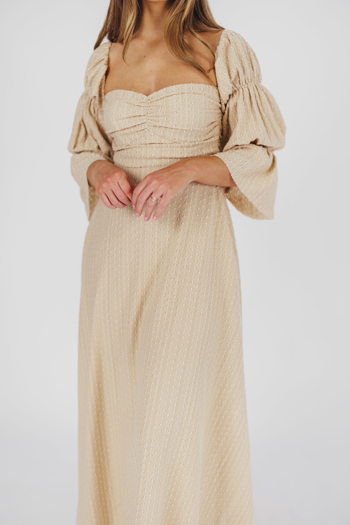 Corrine Tiered Sleeve Maxi Dress with Pockets - Bump Friendly Maternity Dress in Beige | Perfect for Pregnancy, Nursing, and Special Occasions