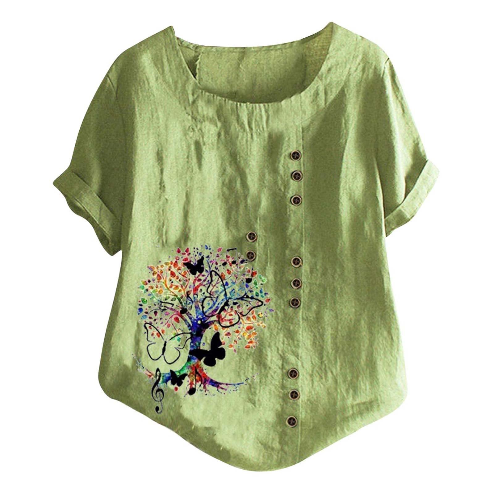 Women's Floral Printed Cotton Linen Short Sleeve Blouse - Summer Casual Loose Fit Tunic Top for Women | Comfortable & Breathable for Outdoor, Office & Vacation Wear