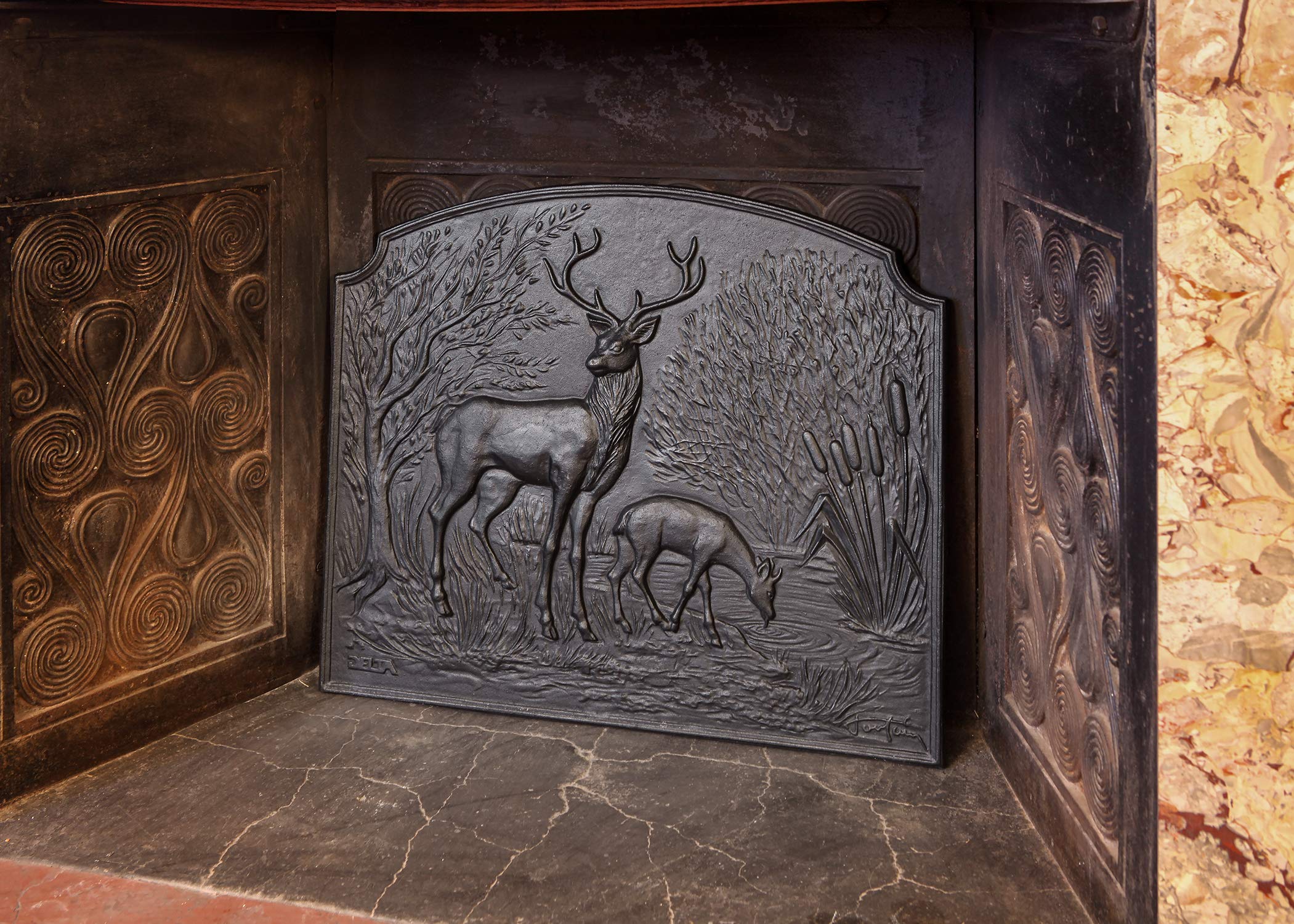 Black Deer Cast Iron Fireback - Decorative and Functional Fireplace Accessory for Home, Cabin, and Outdoor Fire Pits