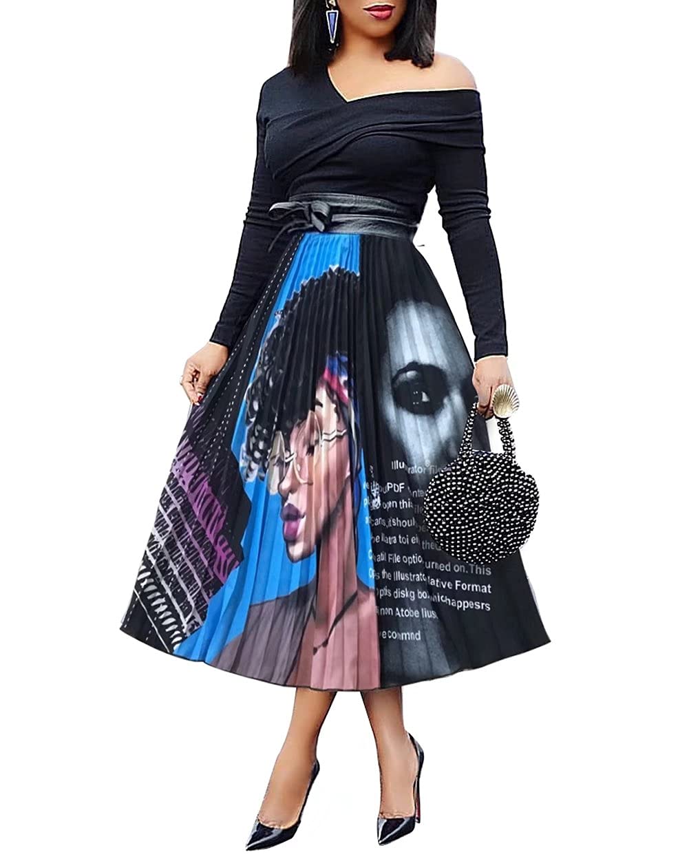 ThusFar Women's Graffiti Pleated Skirts - Cartoon Printed Elastic Waist A-Line Swing Midi Skirt for Casual Wear, Street Style & Summer Outfits