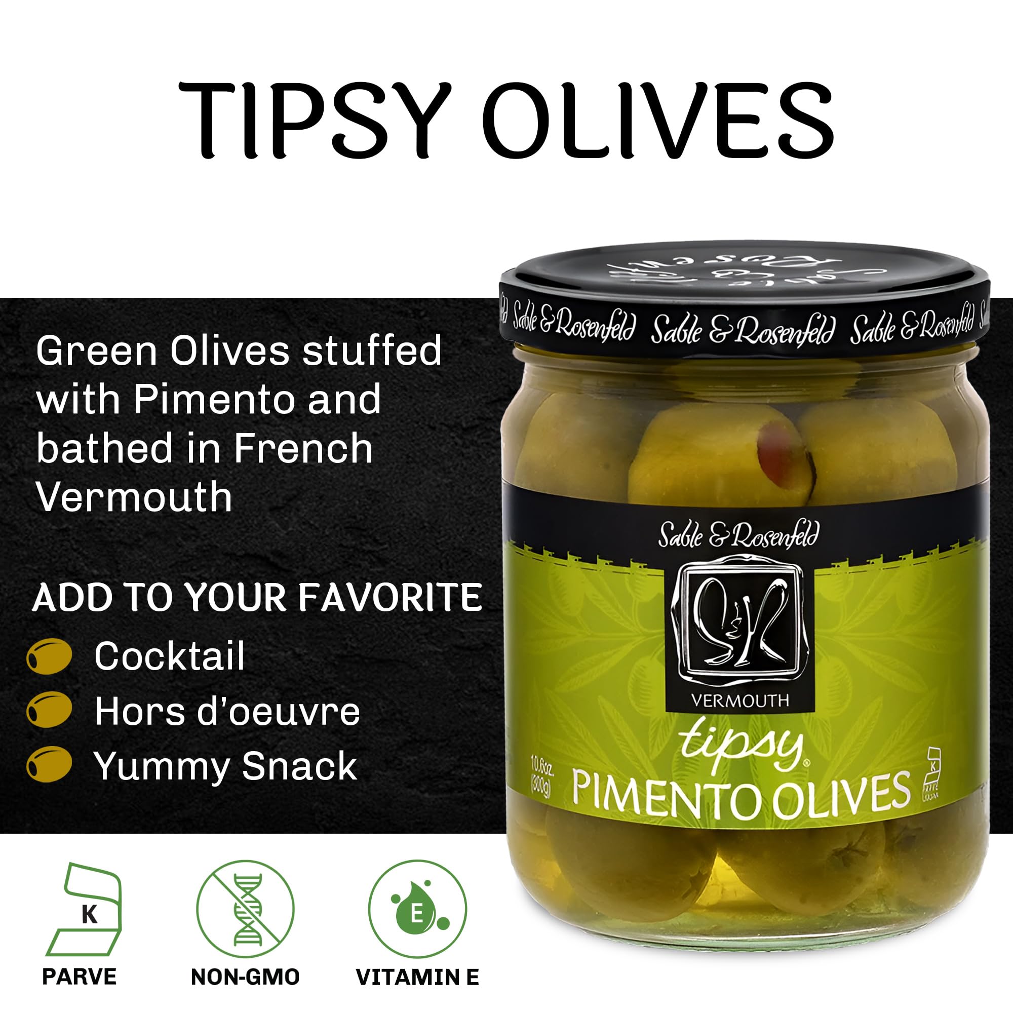 Premium Sable & Rosenfeld Tipsy Olives - Jumbo Green Olives Stuffed with Pimento in French Vermouth - Perfect for Bloody Mary Garnish & Martini Cocktails - Gourmet Cocktail Olive Snack - 10.6 oz (Pack of 2) - Ideal for Home Bars, Parties & Gift Giving