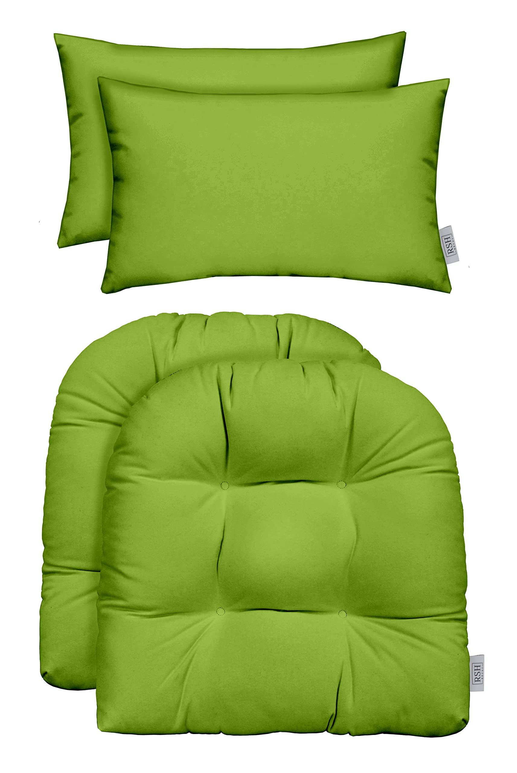 RSH DECOR: Water-Resistant Tufted U-Shape & Lumbar Pillows Set (2 Each) - 19”x19” & 20”x12” Outdoor Cushions for Patio Furniture - Durable Spun Fabric in Kiwi Green - Perfect for Garden, Poolside & Deck Lounge Chairs