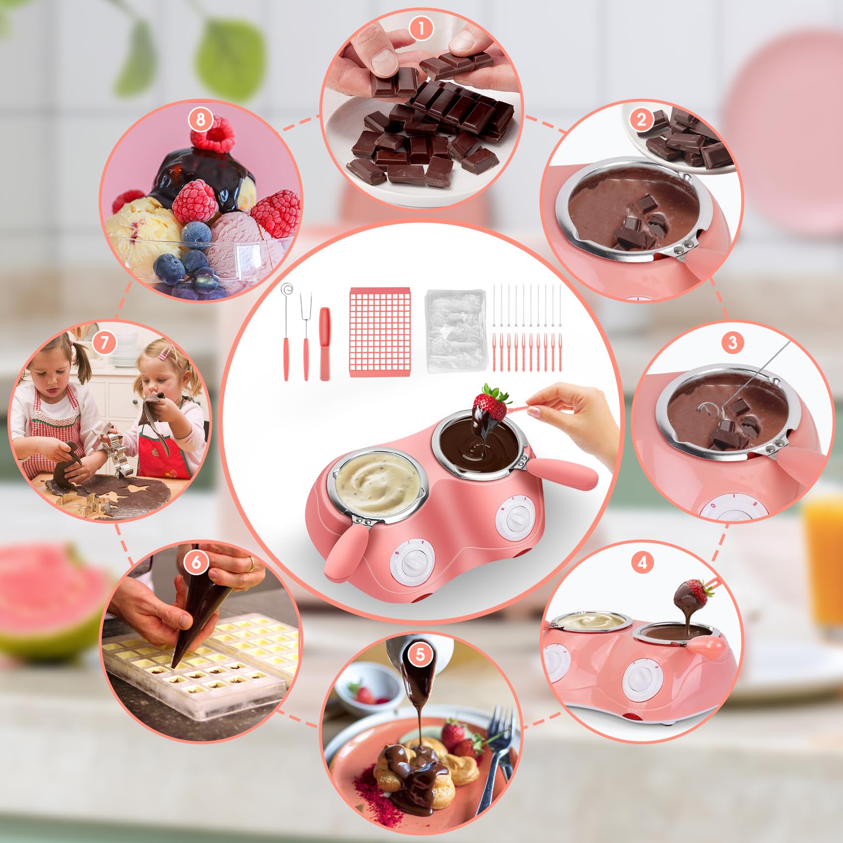 Electric Chocolate Fondue Pot Set - Double Melting Pot for Milk Chocolate, Cheese & Candy - Mini Chocolate Melter for Parties, Valentine's Day & Family Gatherings