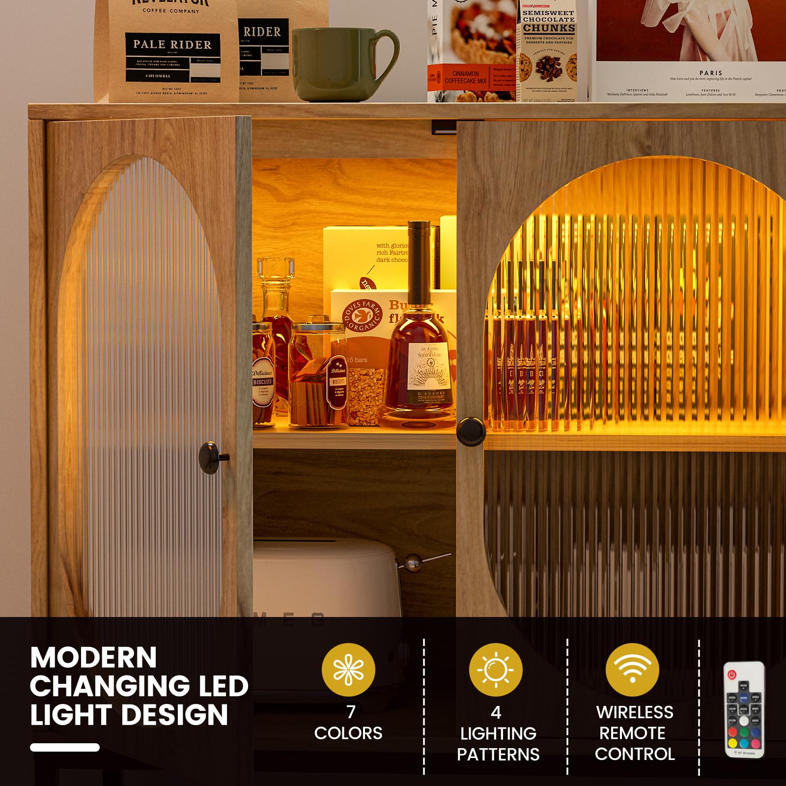 IKIFLY Modern Glass Storage Cabinet with LED Lights - Adjustable Shelves Sideboard Buffet Cabinet for Kitchen, Dining Room, Entryway & Living Room - Perfect for Displaying China, Glassware & Home Decor