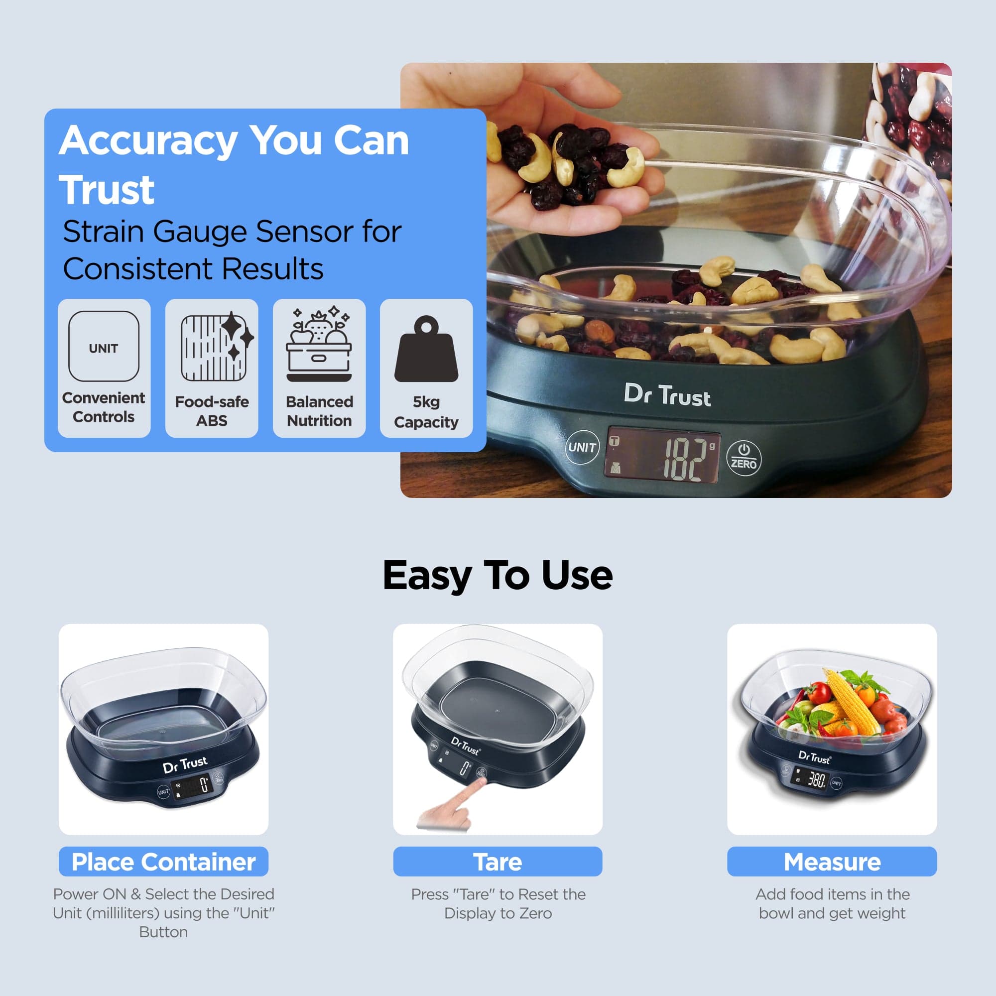 Dr Trust USA Digital Kitchen Scale - 500g Precision Food Weight Scale for Cooking, Baking, and Portion Control | Compact & Accurate Measuring Device for Home & Professional Use