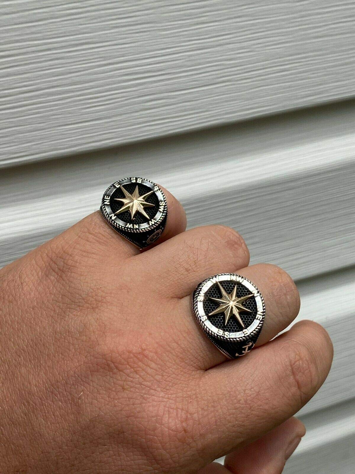 HarlemBling Solid 925 Sterling Silver & 10k Yellow Gold Men's Compass Ring - Nautical Anchor Jewelry for Men - Sizes 7-13 - Perfect for Gifts, Travel & Outdoor Adventures