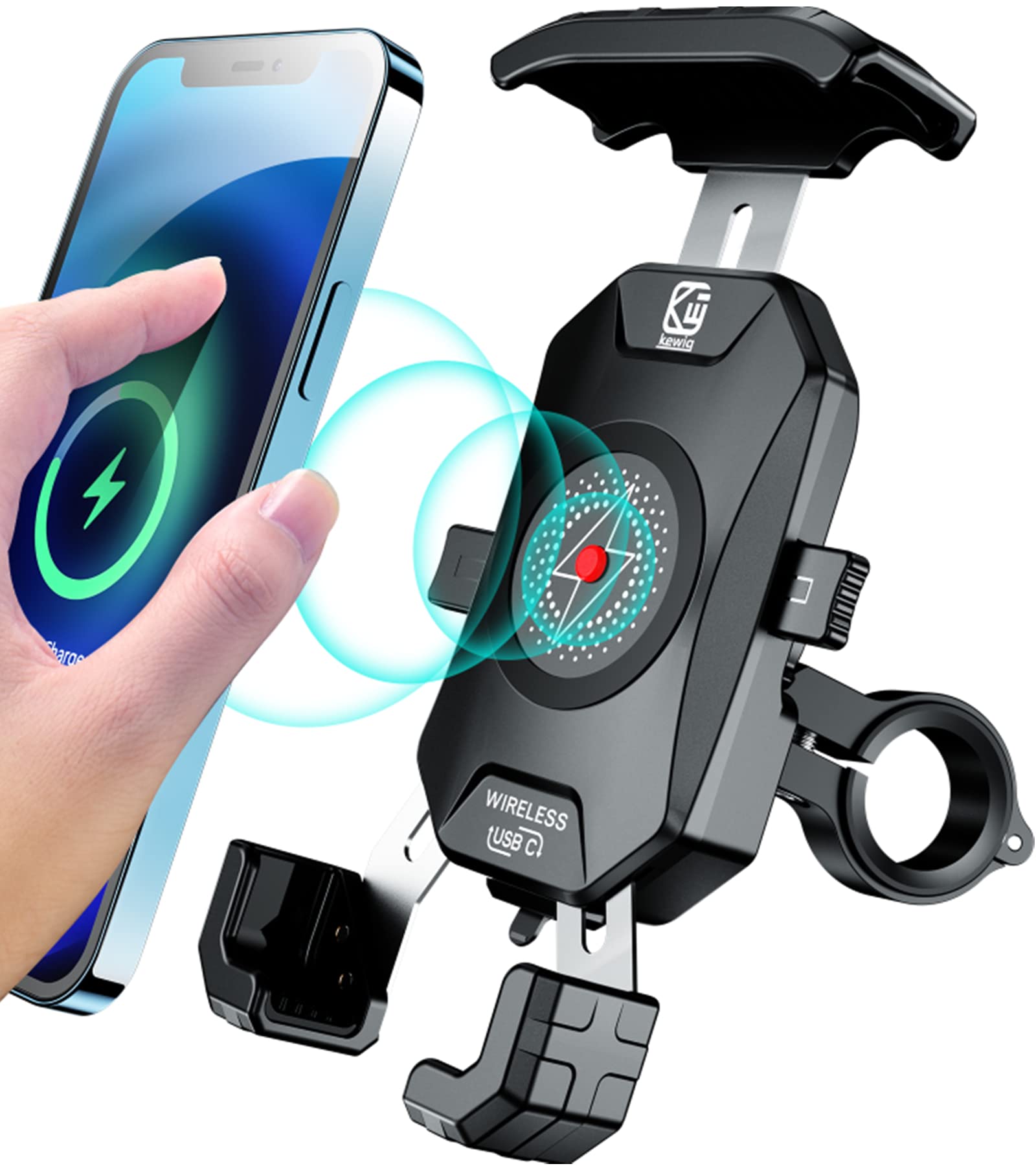 BRCOVAN Motorcycle Phone Mount with Qi 15W Wireless Charger & USB-C 20W Fast Charging - One-Hand Operation Handlebar Phone Holder for 4-7 Inch Smartphones - Aluminum Alloy Base - Perfect for Riding, Commuting & GPS Navigation